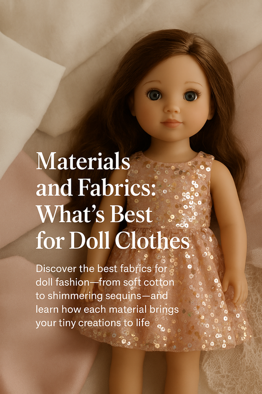Beautiful doll in a shimmering sequin dress surrounded by cotton, linen, satin, and lace fabrics — symbolizing the best materials for doll clothes.