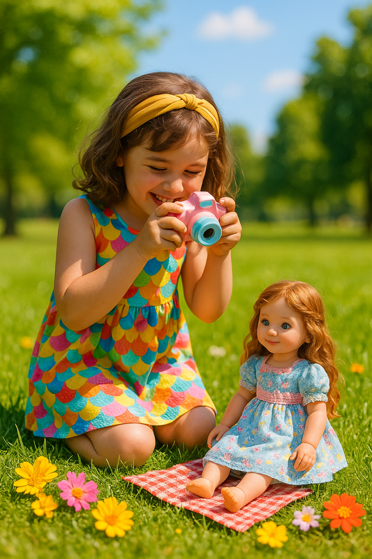 A smiling young girl in a colorful dress kneels on grass in a sunny park, holding a pink toy camera and taking a photo of her doll, which is seated on a red checkered cloth surrounded by flowers.