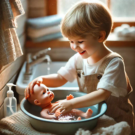 A happy young child washing a baby doll in a small basin of water, dressed in a white t-shirt and beige overalls.