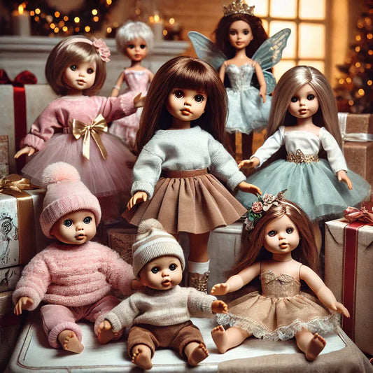 A collection of beautifully dressed dolls displayed on a festive gift table.