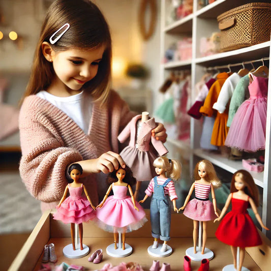 A young girl playing in a cozy playroom, dressing stylish dolls in colorful outfits from a miniature wardrobe filled with tiny dresses, shoes, and accessories. She looks happy and engaged, mixing and matching different fashion pieces.