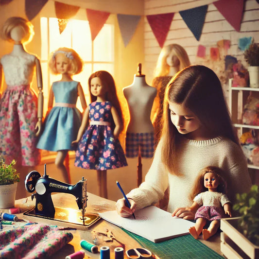 A young girl designing and sewing clothes for her dolls in a cozy, creative workspace filled with colorful fabrics, sewing tools, and miniature mannequins.