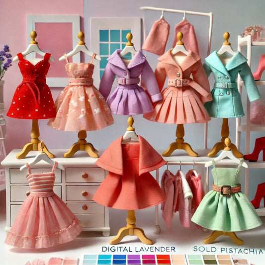 A stylish collection of miniature doll outfits in the trendy colors of 2025—peach fuzz, digital lavender, aqua sky, bold red, and soft pistachio—displayed on tiny hangers and mannequins against a chic pastel backdrop.