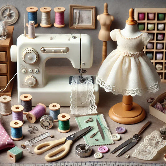 A beautifully detailed sewing workspace dedicated to crafting elegant doll clothes.
