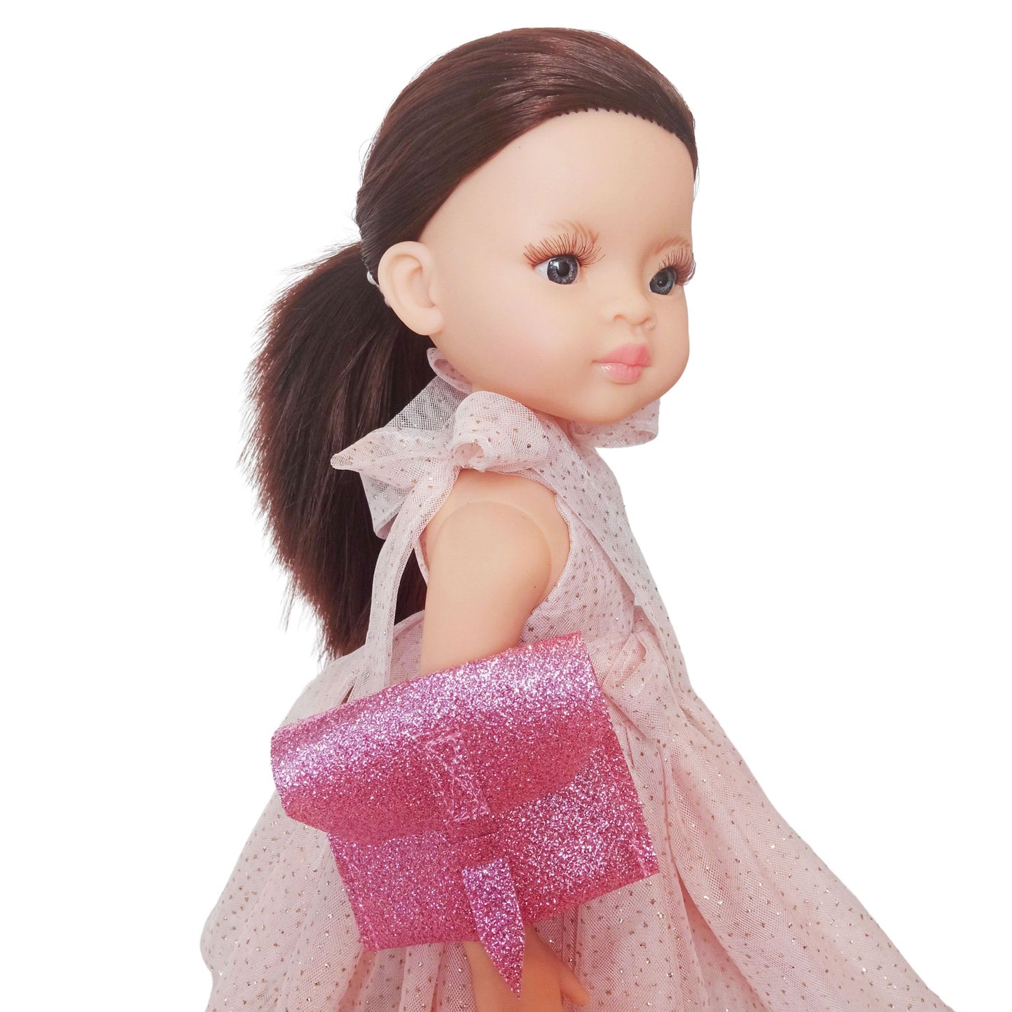Paola Reina Las Amigas 32 cm doll wearing an elegant pink dress with a bow, lace-up boots, and stylish accessories.