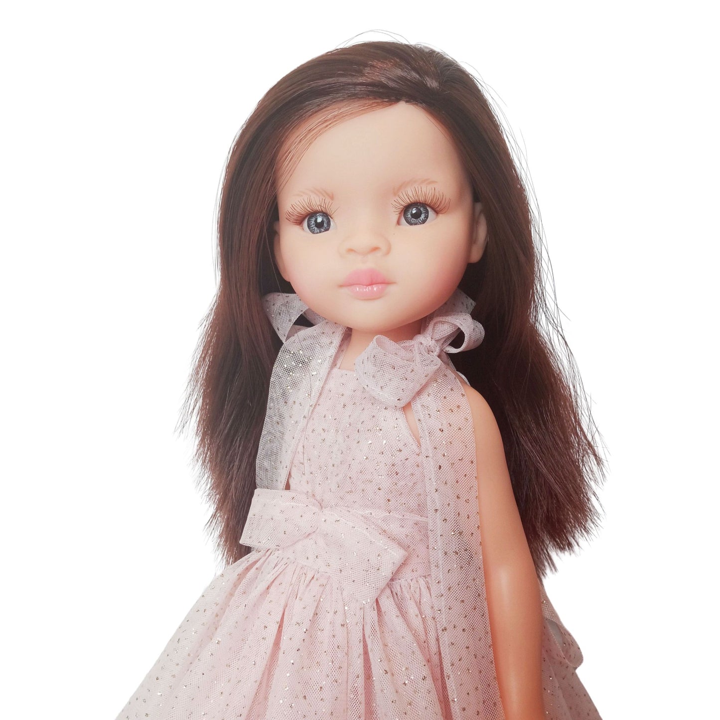 Paola Reina Las Amigas 32 cm doll wearing an elegant pink dress with a bow, lace-up boots, and stylish accessories.
