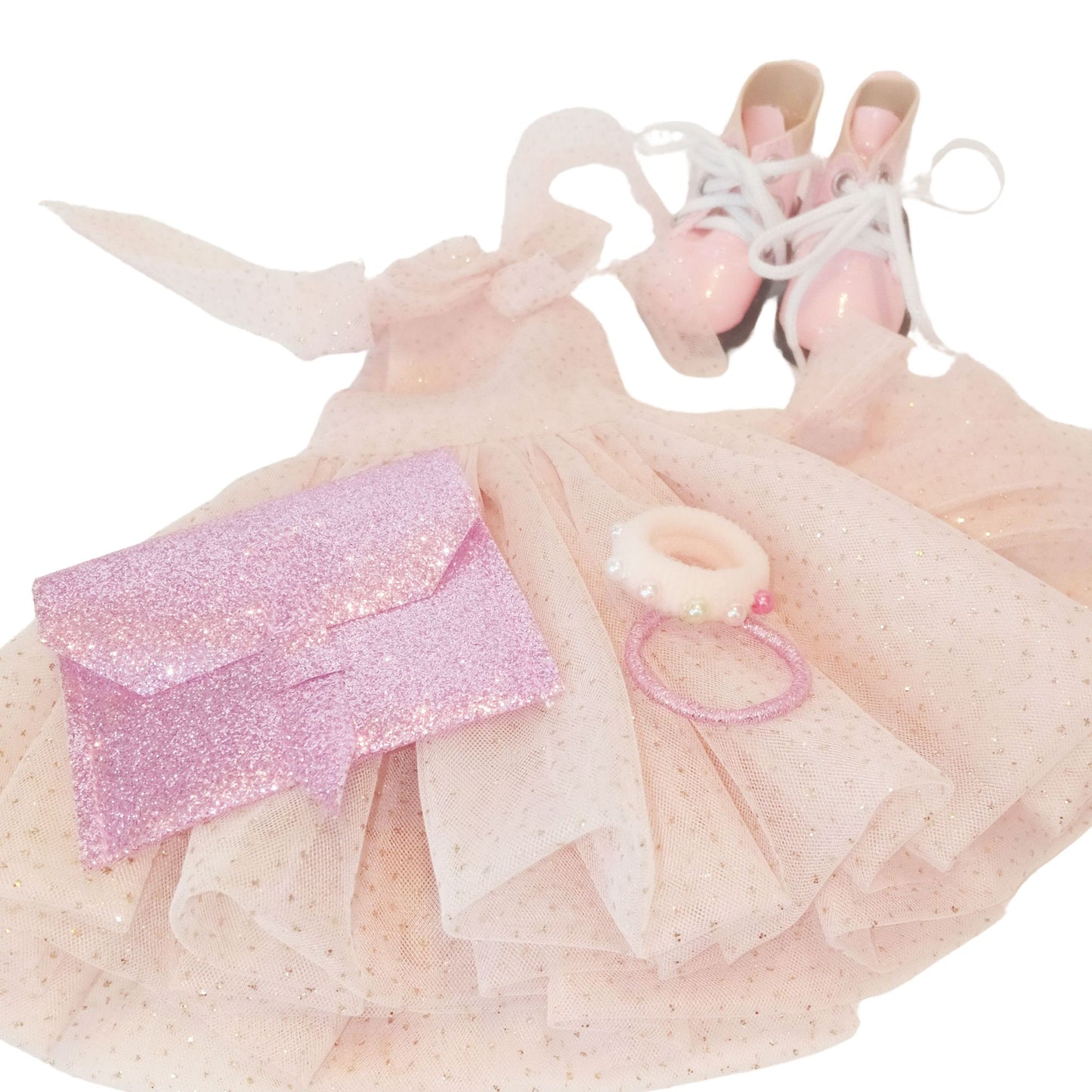 An elegant pink dress with a bow, lace-up boots, and stylish accessories for Paola Reina Las Amigas 32 cm doll wearing.