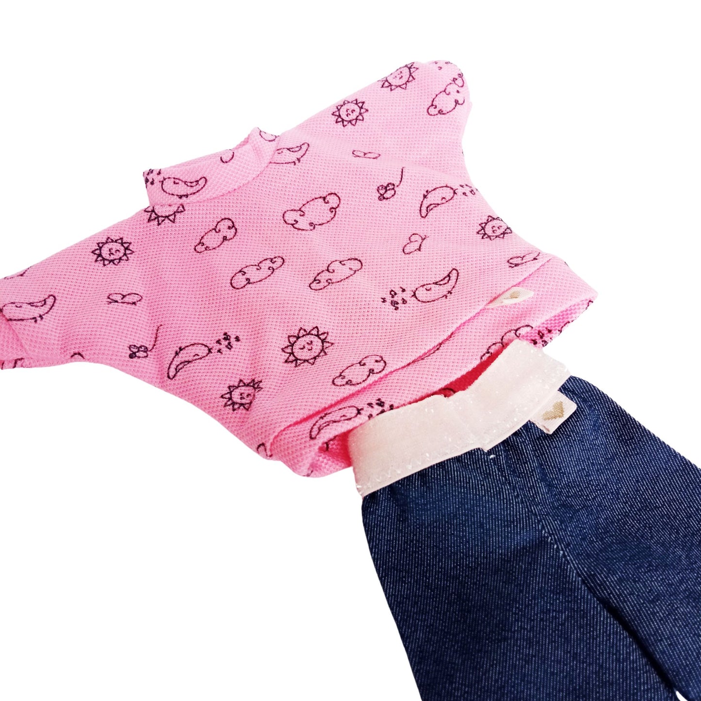Wearing pink blouses with cloud prints, one styled with denim pants and the other with denim shorts for Paola Reina 32 cm dolls.