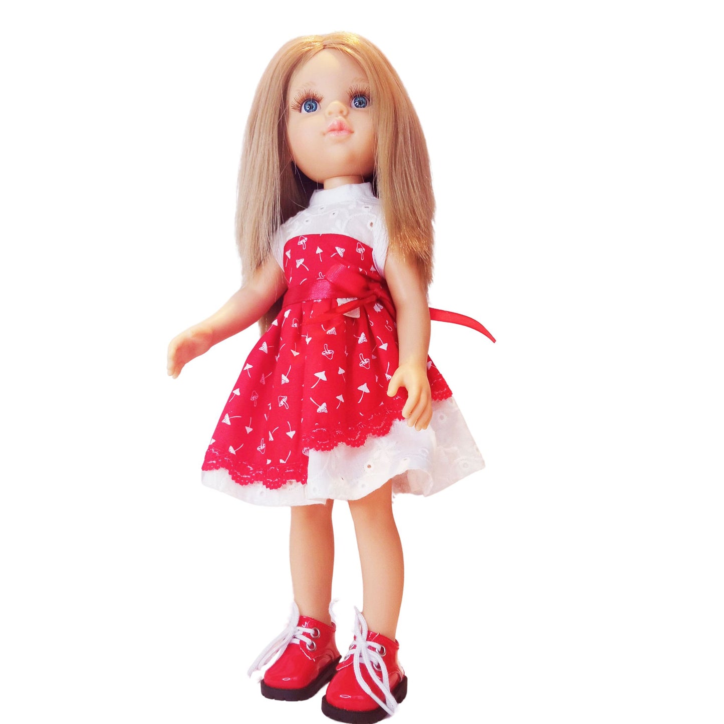 Red and white doll dress with a lace bodice, fly agaric mushroom print, and a satin bow, paired with red lace-up boots, designed for a 32 cm Paola Reina doll.