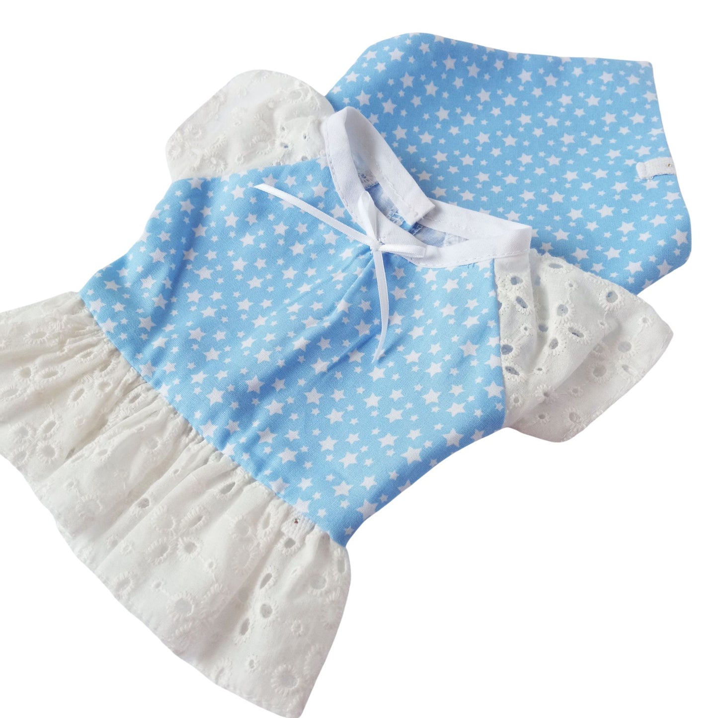 A blue star-print cotton dress with white eyelet lace and a matching kerchief, made for 34 cm dolls like Paola Reina and Baby Born.