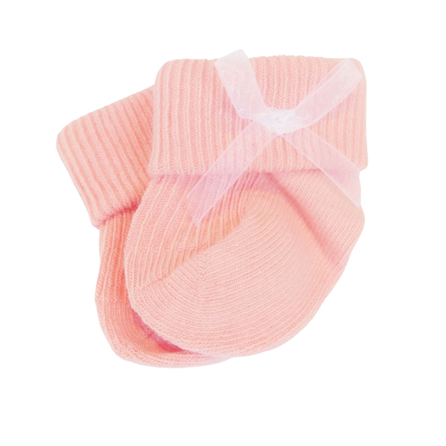 Soft pink doll socks with a sheer ribbon bow, perfect for dolls 34-45 cm.