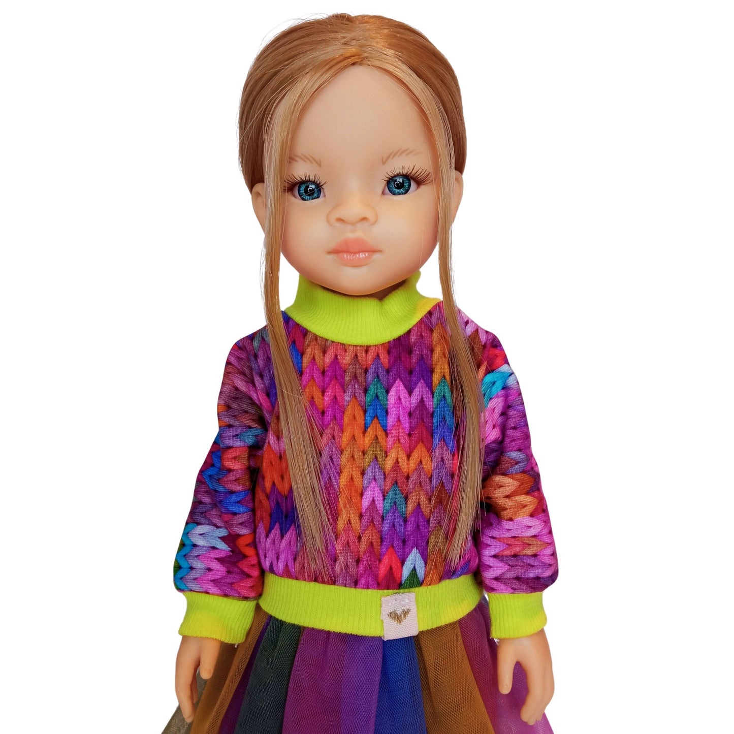Colorful doll outfit for Paola Reina 32 cm (12") – vibrant sweater, multicolored tulle skirt.