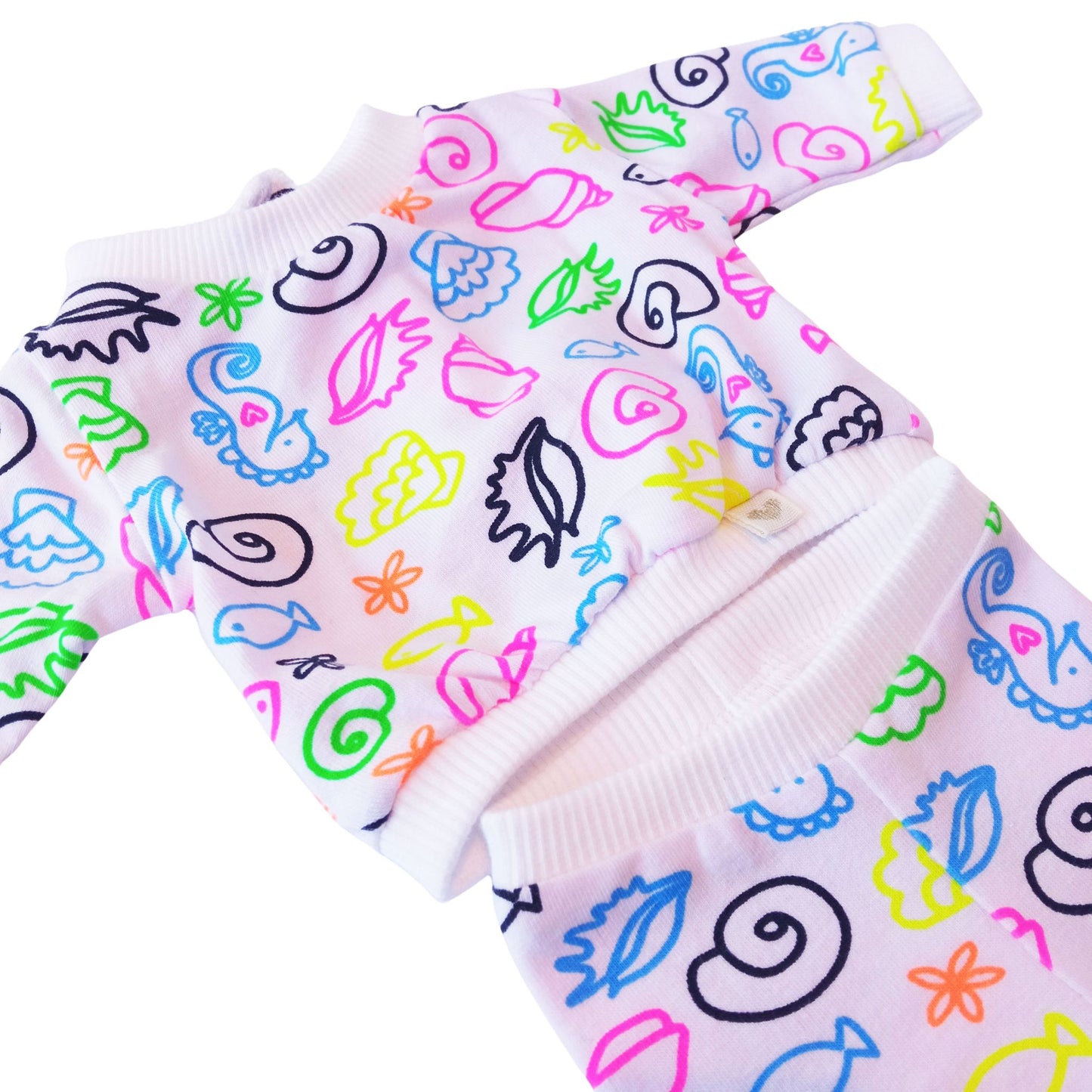 Colorful doodle-print cotton blouse and pants set, sized for 34 cm dolls like Paola Reina and Baby Born.