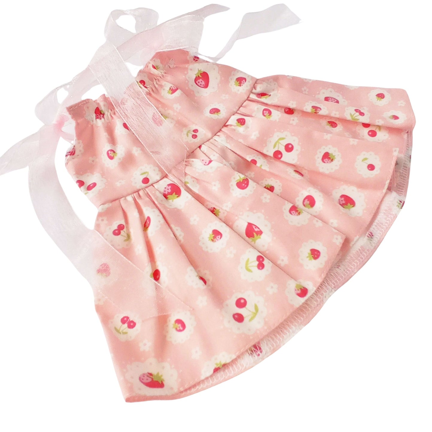 Pink strawberry print cotton sundress with white ribbon sleeves and pink bow headband, perfect for 34 cm Paola Reina or Baby Born dolls.