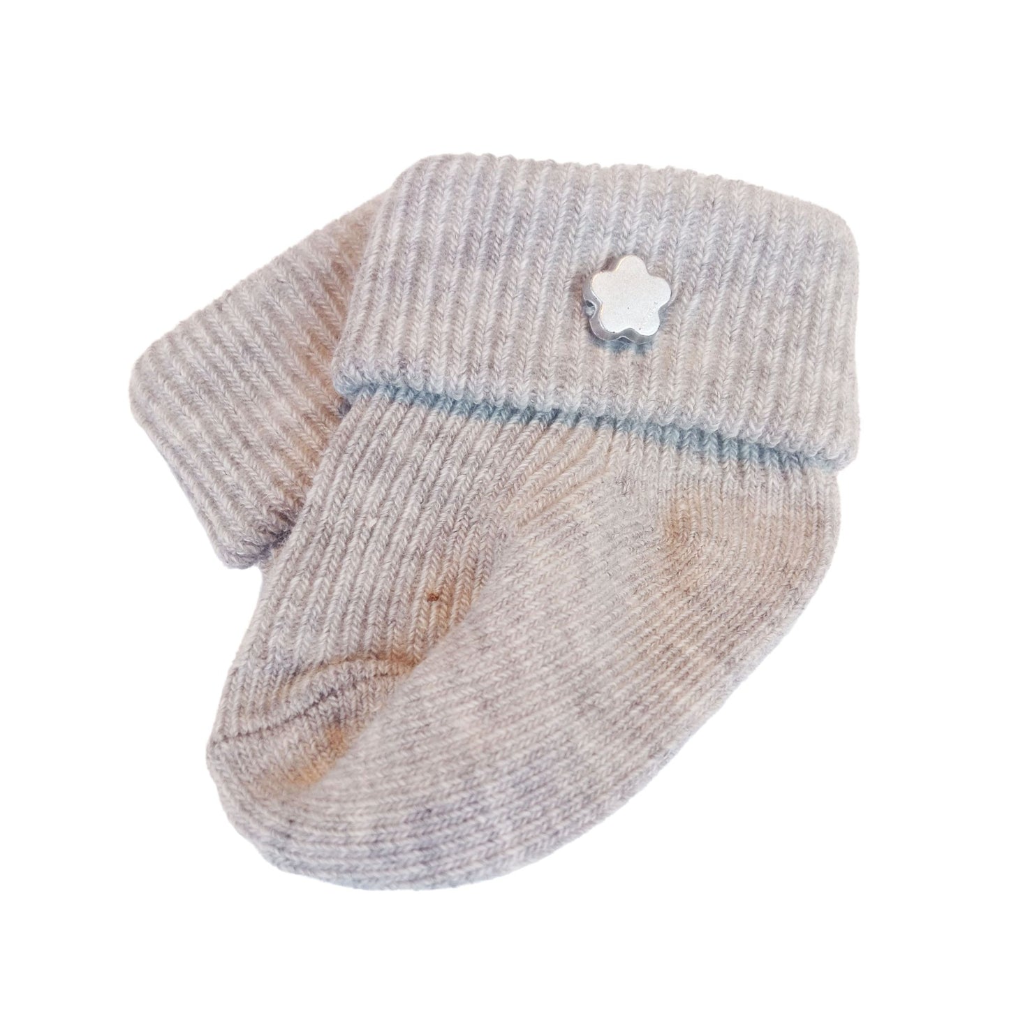 Soft gray doll socks with a ribbed texture and flower embellishment, designed for dolls 34-45 cm.