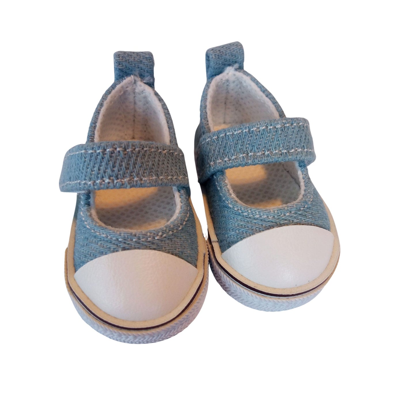 Light blue denim sneakers for Paola Reina 32 cm (12") dolls with white toe caps and Velcro straps.