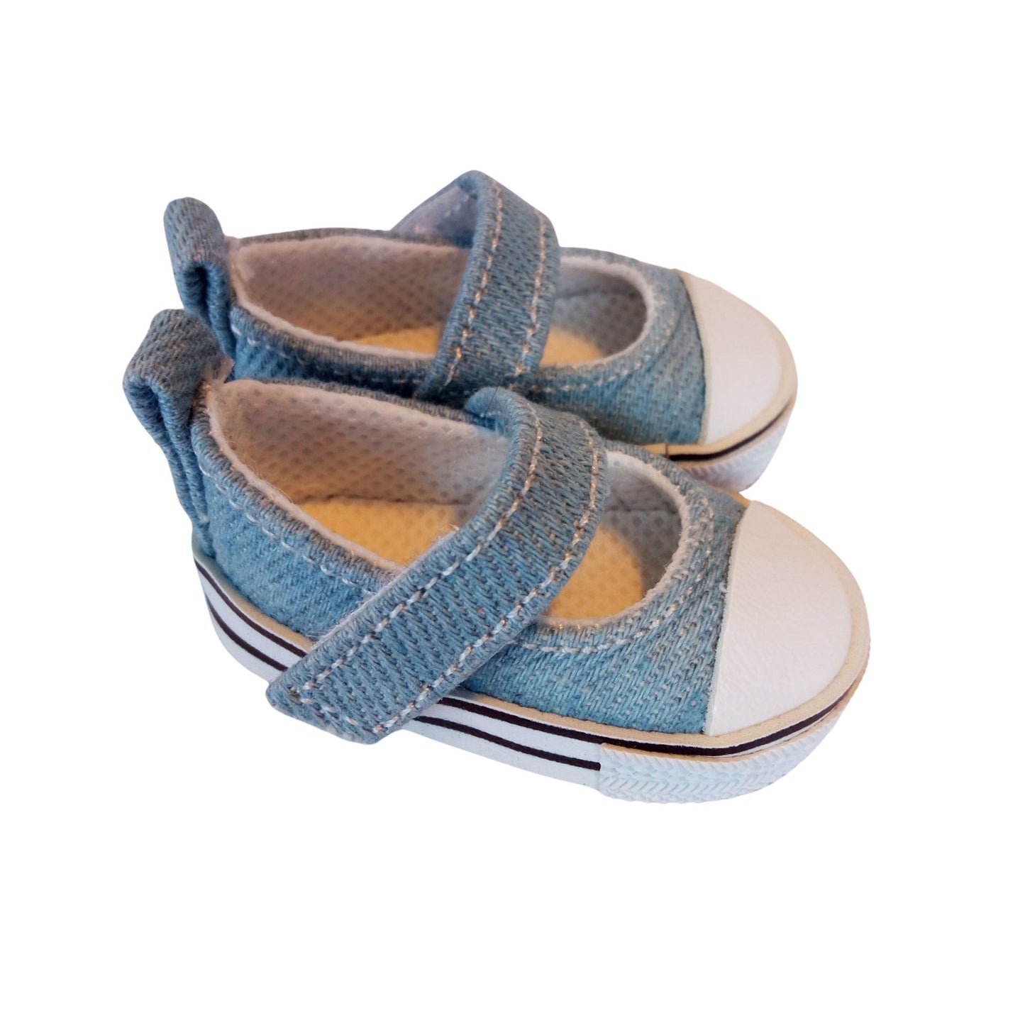 Light blue denim sneakers for Paola Reina 32 cm (12") dolls with white toe caps and Velcro straps.
