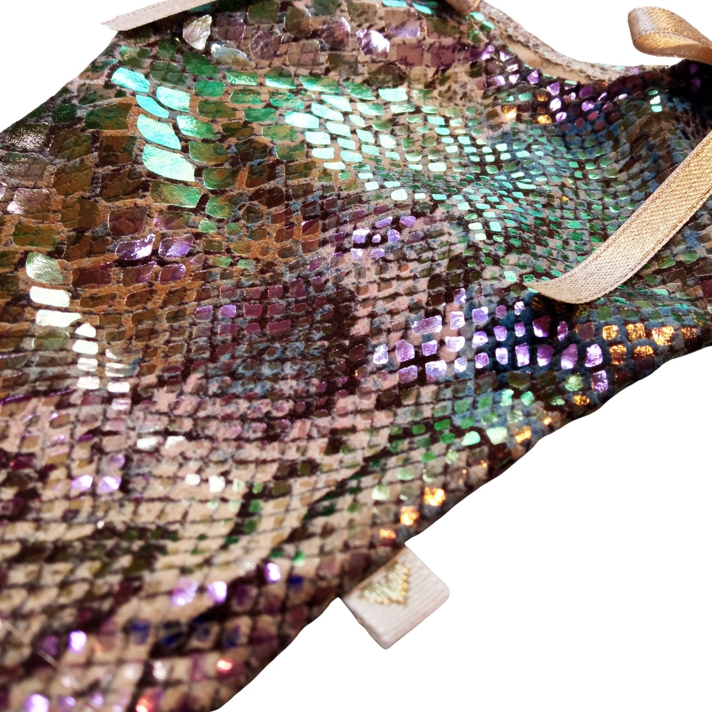 A shimmering green and gold sequined dress for a 12-inch/32 cm Paola Reina doll, featuring gold ribbon ties and a luxurious party-ready design.