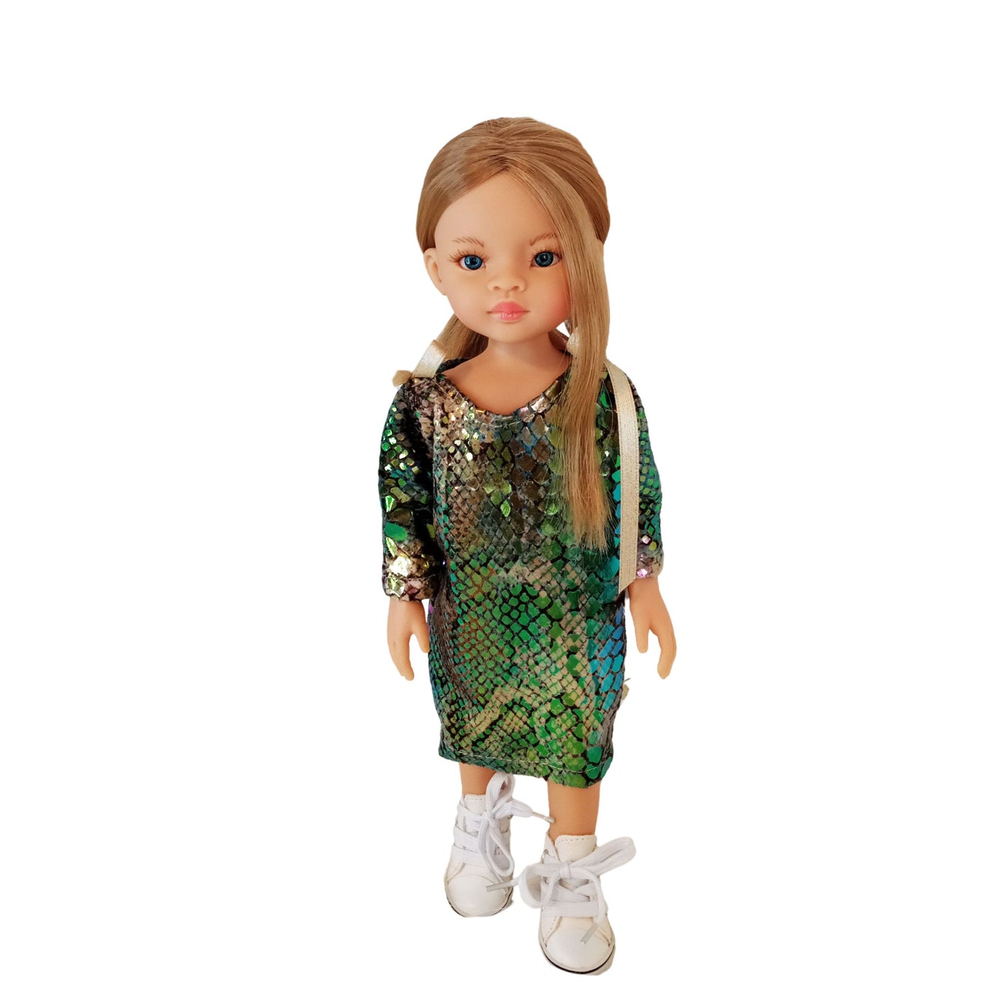 A shimmering green and gold sequined dress for a 12-inch/32 cm Paola Reina doll, featuring gold ribbon ties and a luxurious party-ready design.