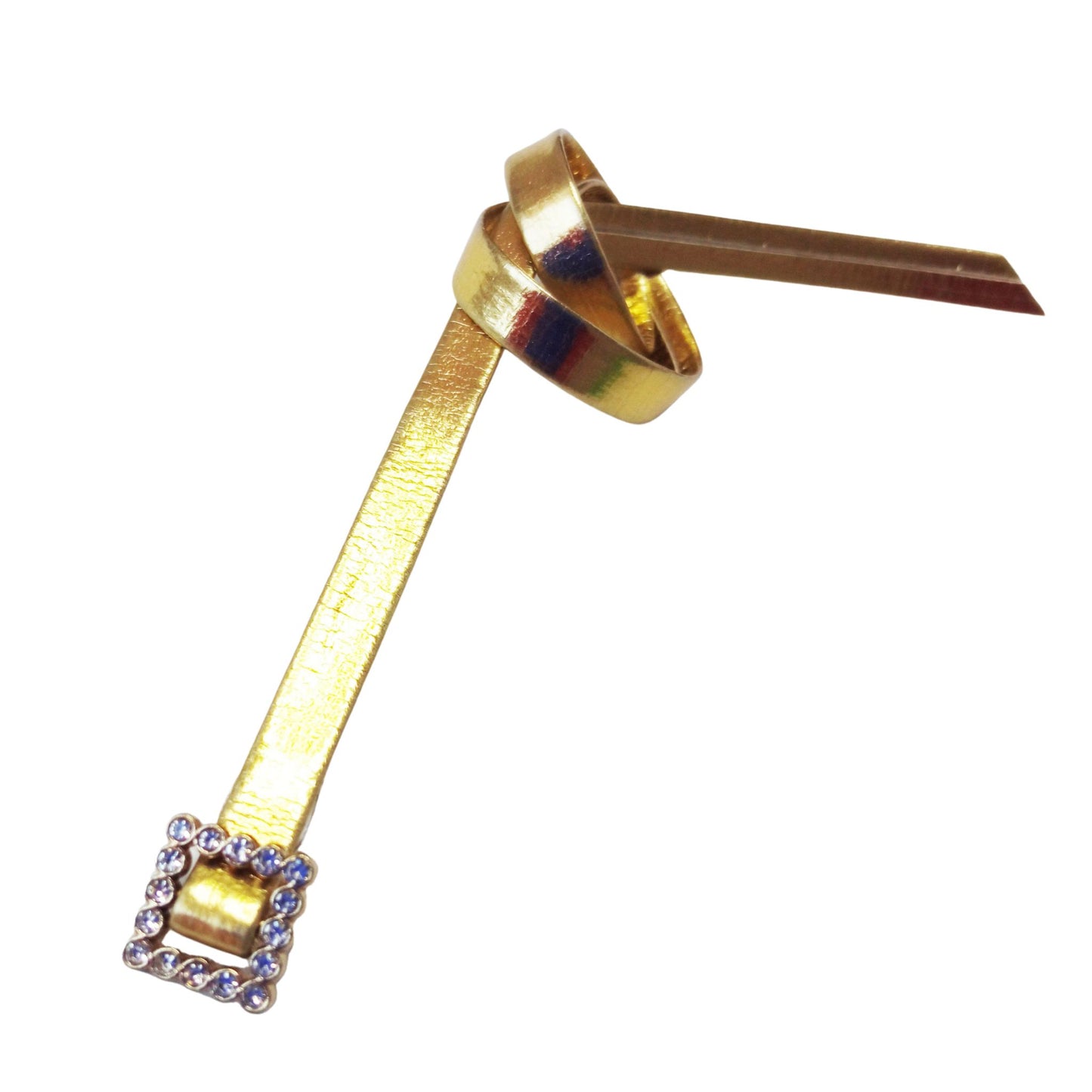 A gold doll belt with a sparkling rhinestone buckle, designed for Paola Reina 32 cm (12-inch) dolls, stylishly coiled in a playful knot.