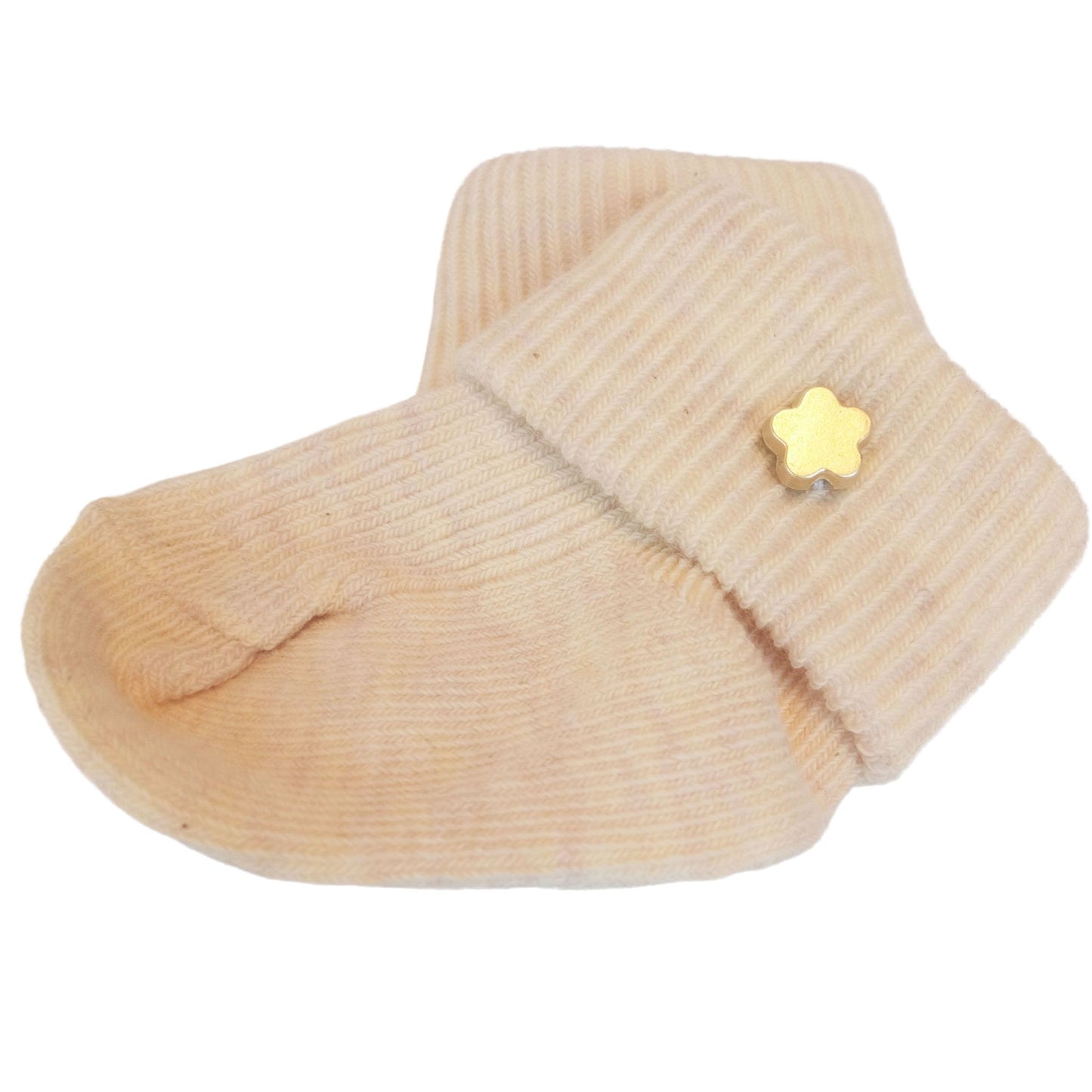 Soft beige doll socks with a golden flower, designed for dolls 34-45 cm.