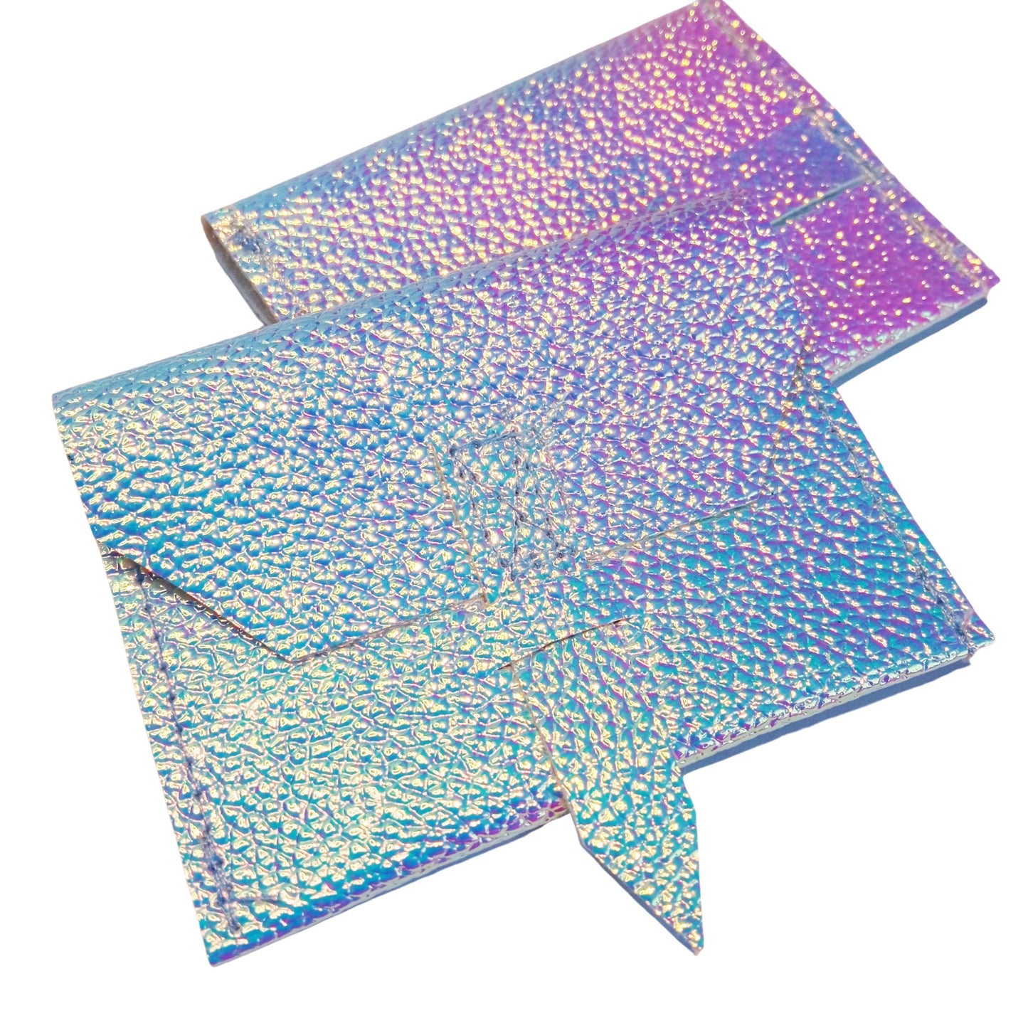 A shimmering holographic "Chameleon" clutch purse for Paola Reina 32 cm (12-inch) dolls, reflecting iridescent blue, pink, and purple hues.