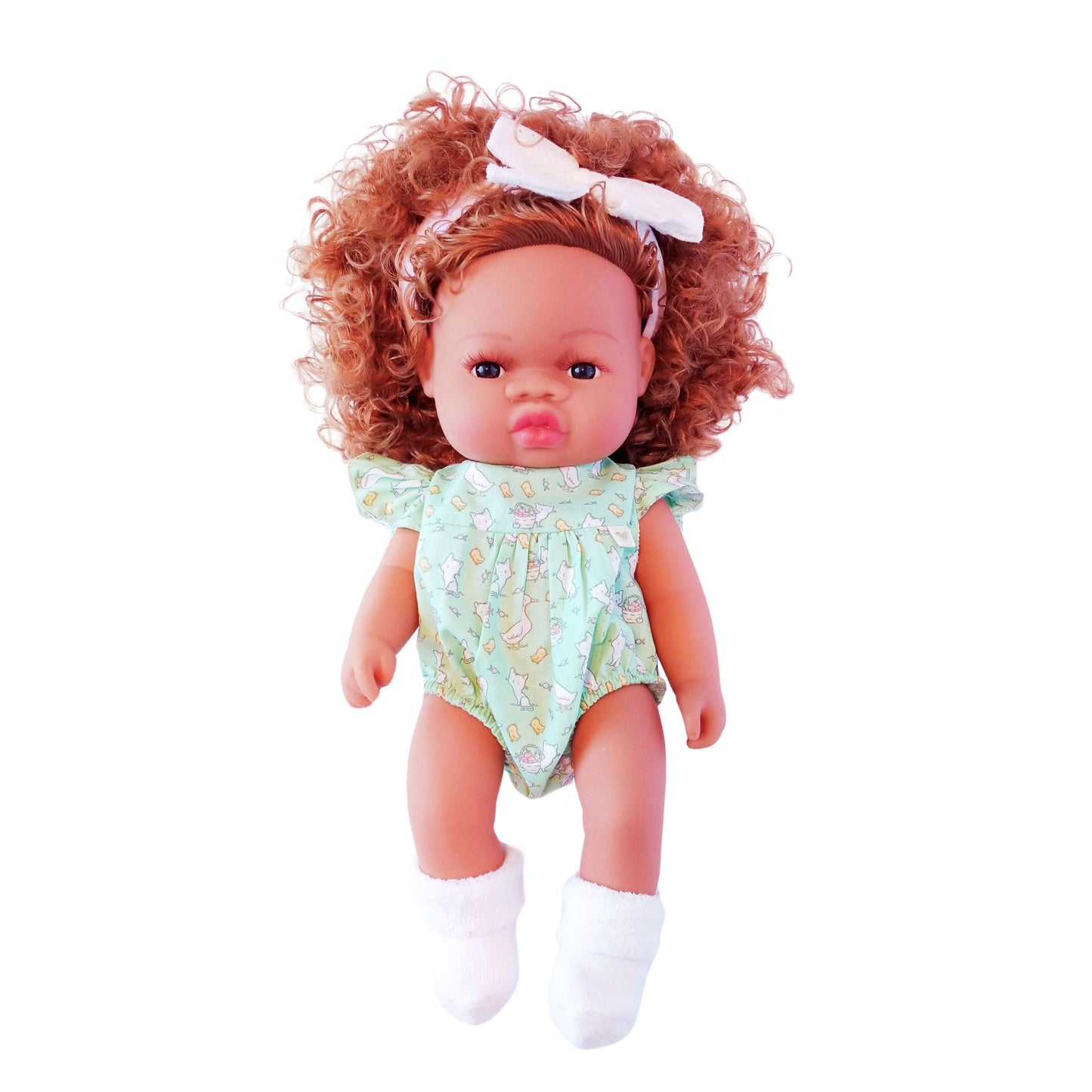 Curly-haired doll wearing a mint green bodysuit with playful prints, white socks, and a white headband – perfect fit for 34 cm Paola Reina or Baby Born dolls.