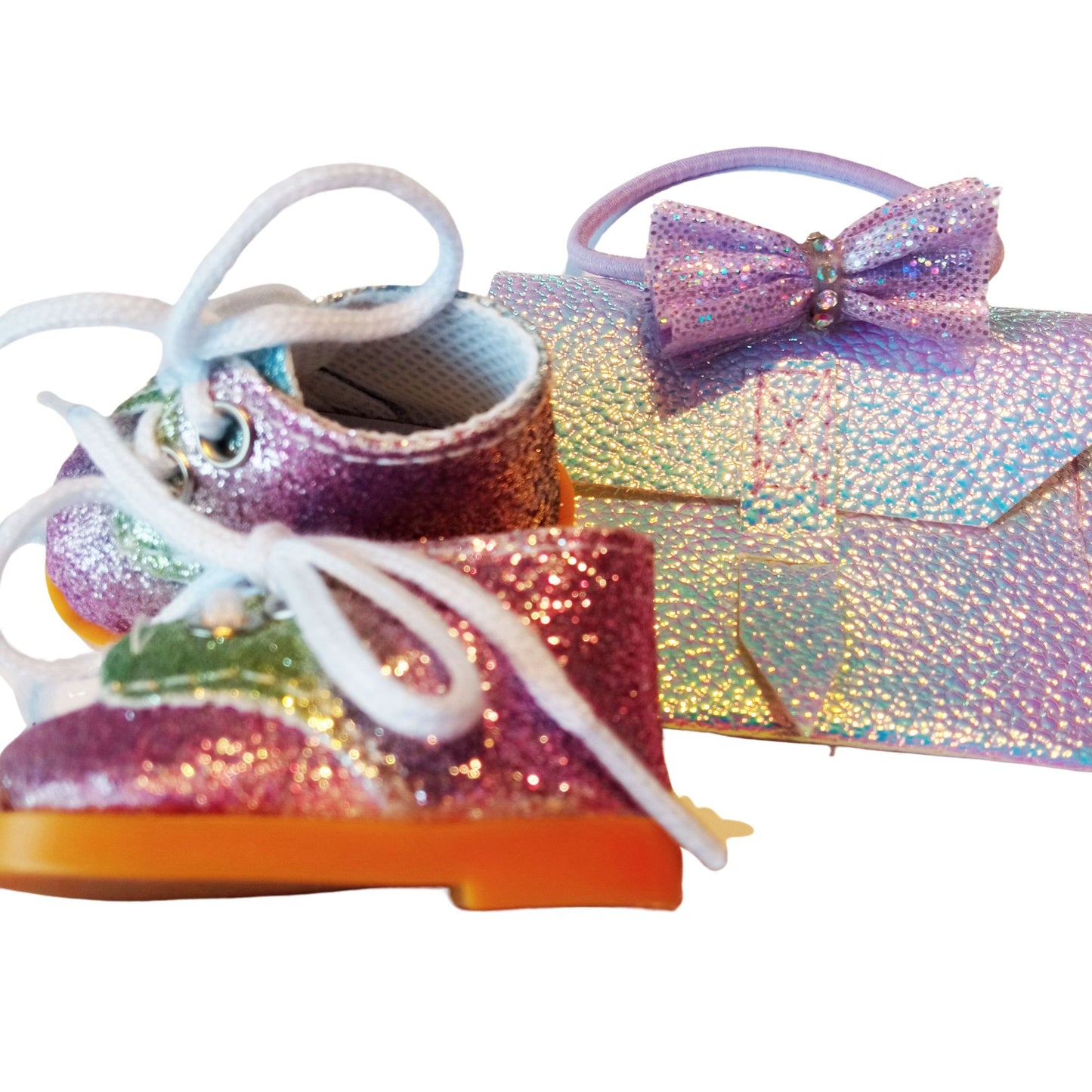 Doll accessoriess for hair, holographic clutch, and glitter sneakers for doll Paola Reina 32 cm.