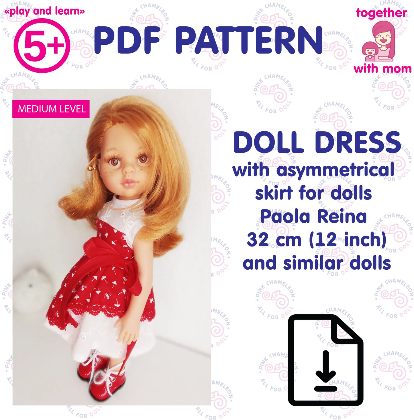 PDF sewing pattern for Paola Reina 32 cm doll dress with asymmetrical skirt – Instant download