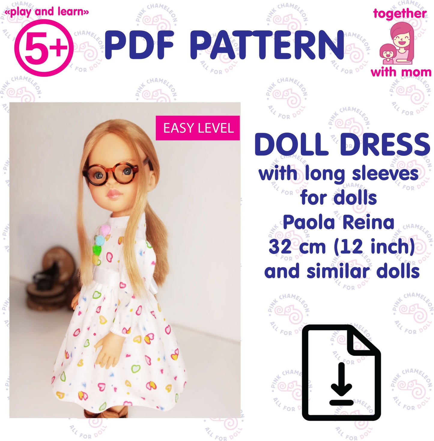PDF sewing pattern for Paola Reina 32 cm doll dress with long sleeves – A4 print format – Instant download