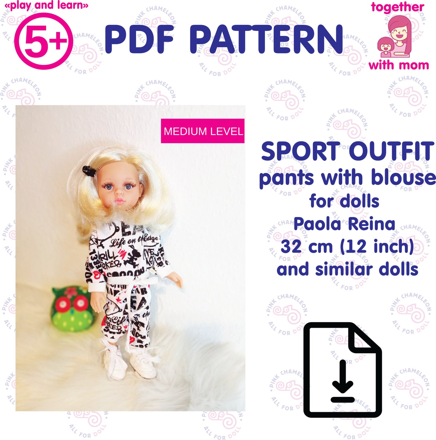 Trendy sport outfit PDF pattern for Paola Reina 32 cm doll – pants and blouse – A4 print – Instant download