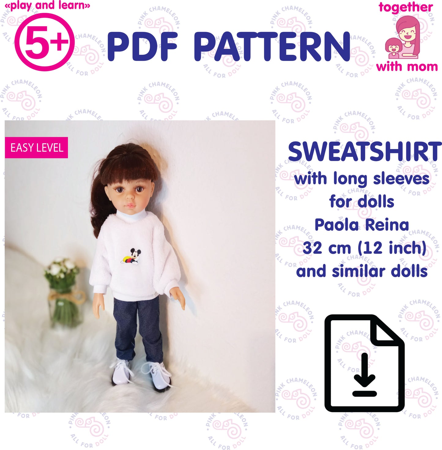 PDF sewing pattern for Paola Reina 32 cm doll sweatshirt with long sleeves – A4 print format – Instant download
