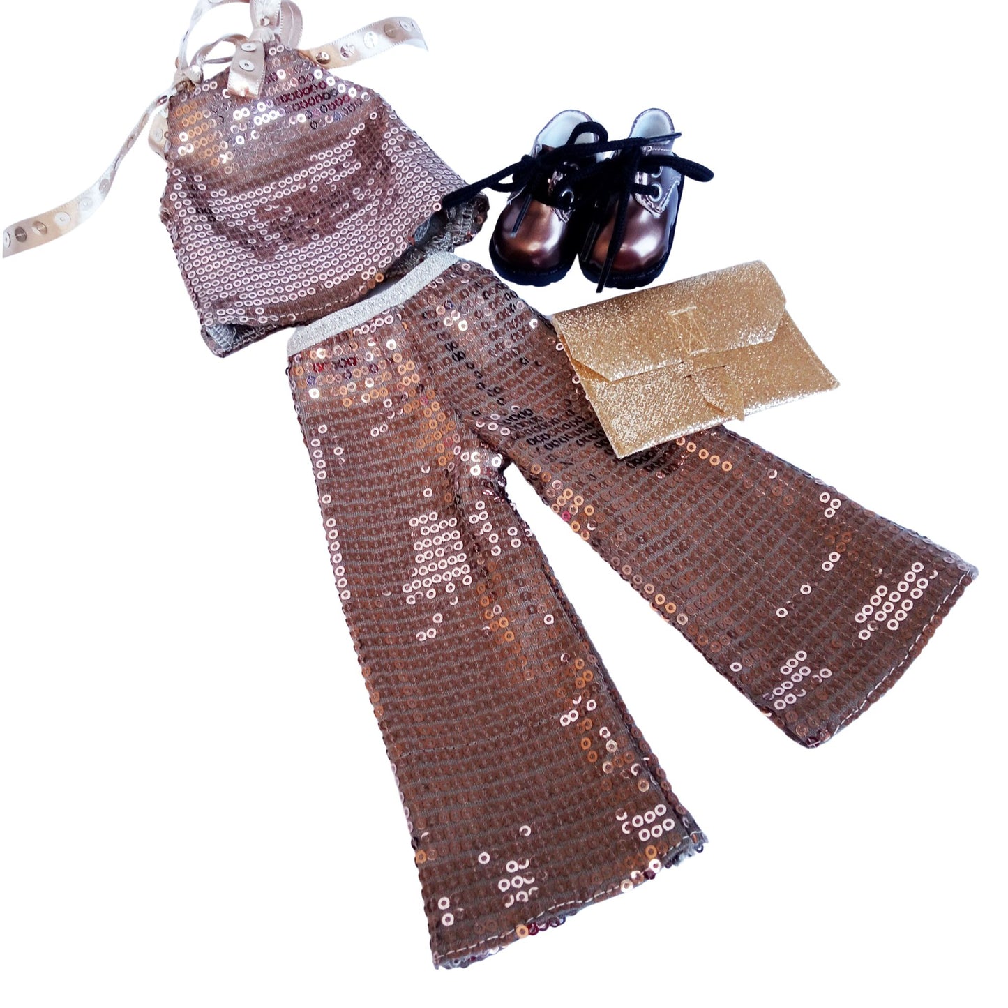 A sparkling bronze sequin outfit with a clutch, ribbon accessories, and bronze patent leather shoes for Paola Reina 32 cm doll in, a white background.