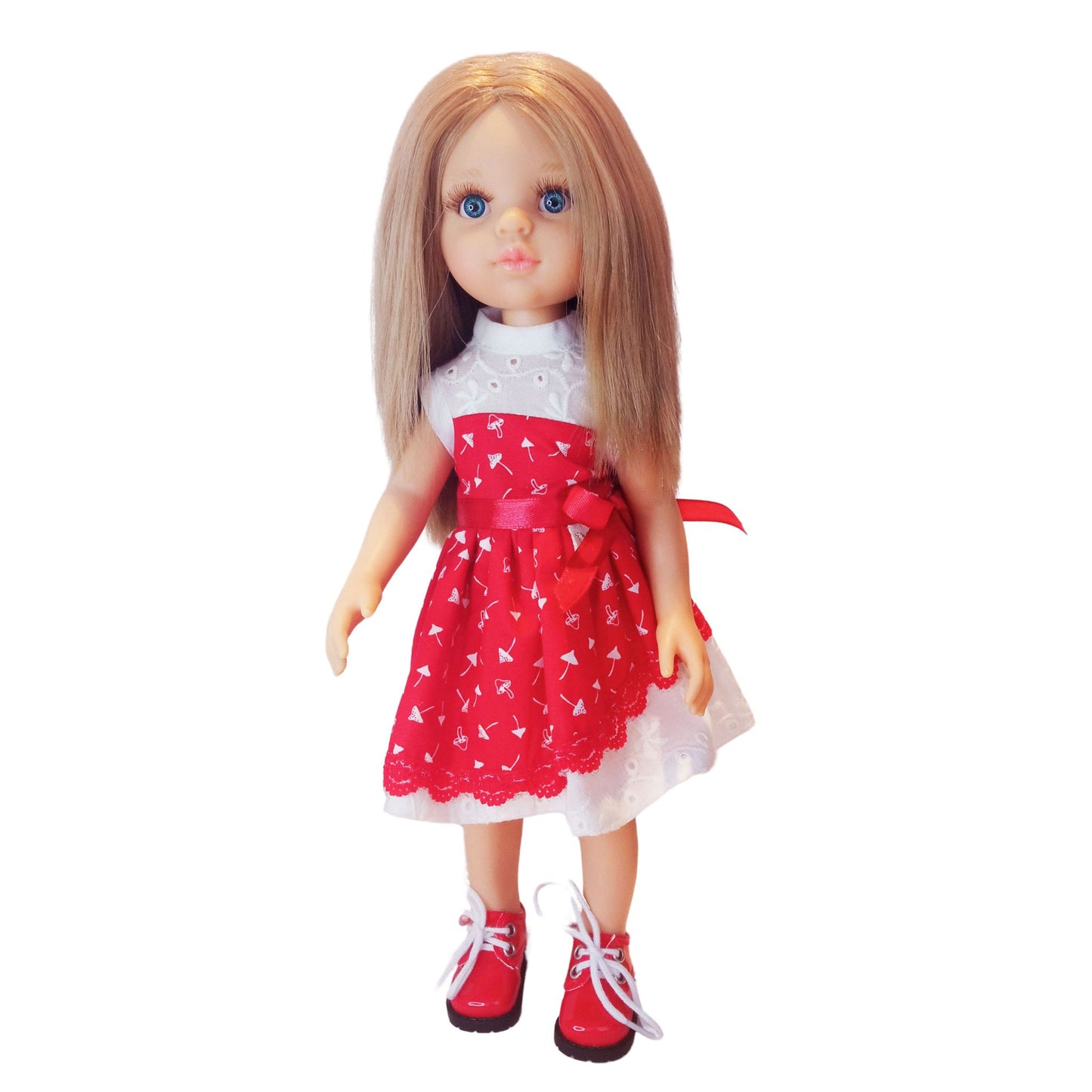 Red and white doll dress with a lace bodice, fly agaric mushroom print, and a satin bow, paired with red lace-up boots, designed for a 32 cm Paola Reina doll.