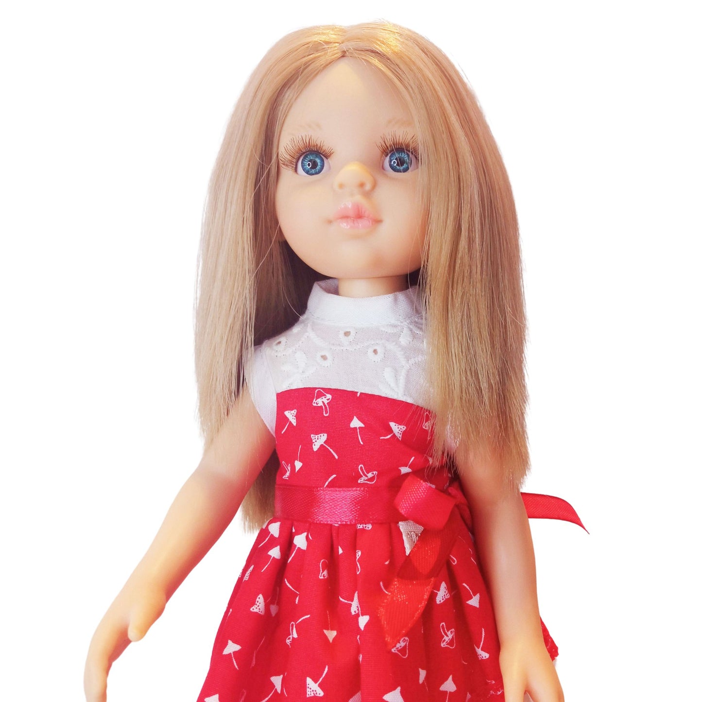 Red and white doll dress with a lace bodice, fly agaric mushroom print, and a satin bow, paired with red lace-up boots, designed for a 32 cm Paola Reina doll.