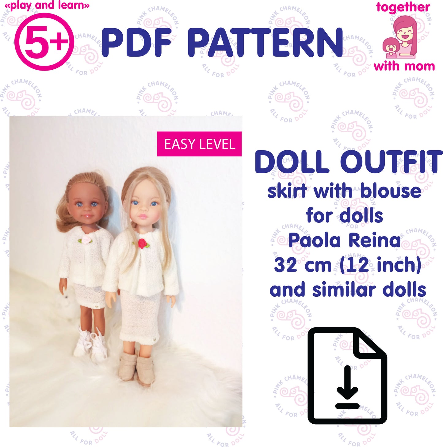 PDF sewing pattern for Paola Reina 32 cm doll outfit – blouse and skirt set, instant download.