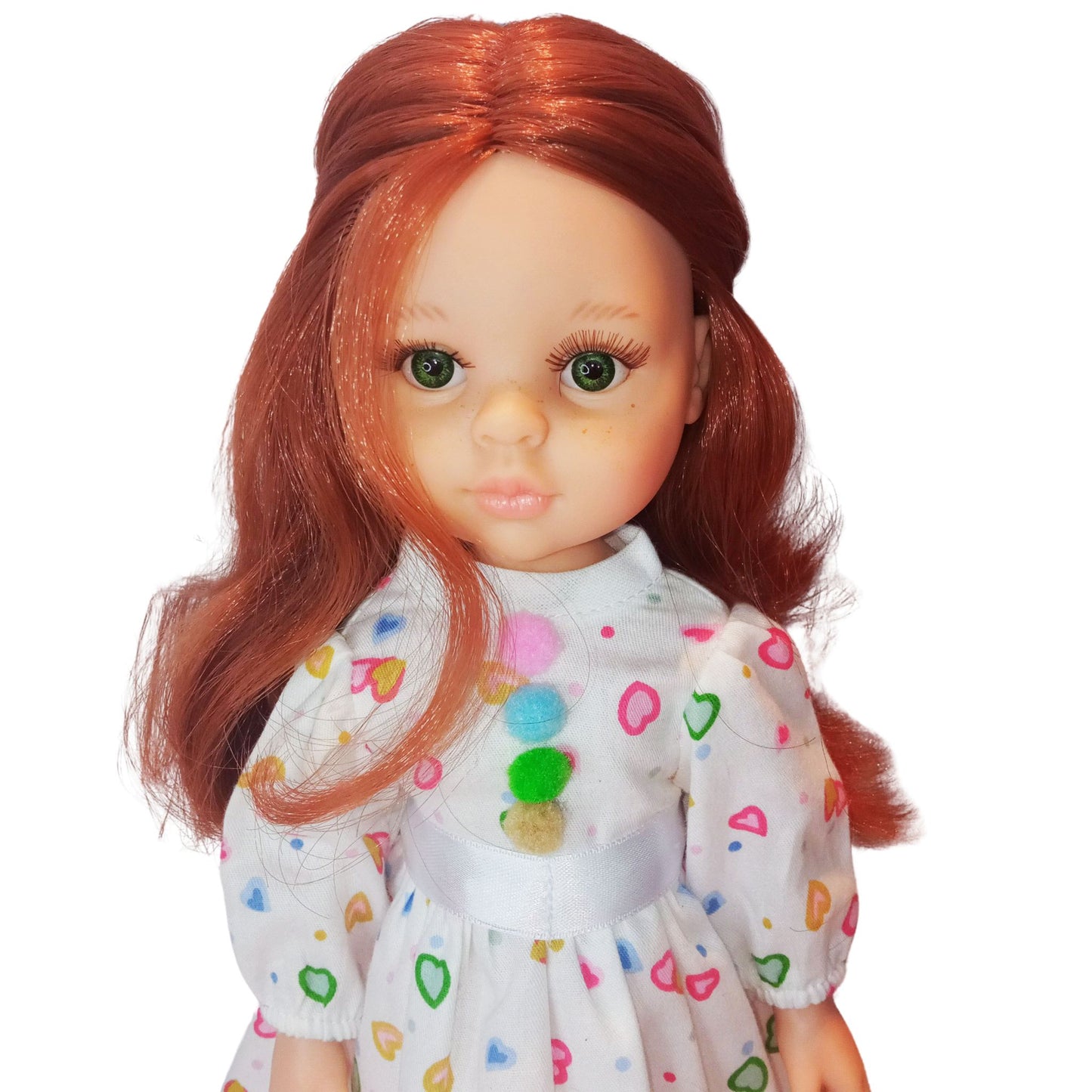 Adorable white dress with colorful heart prints and a satin bow, designed for Paola Reina 12 in dolls.