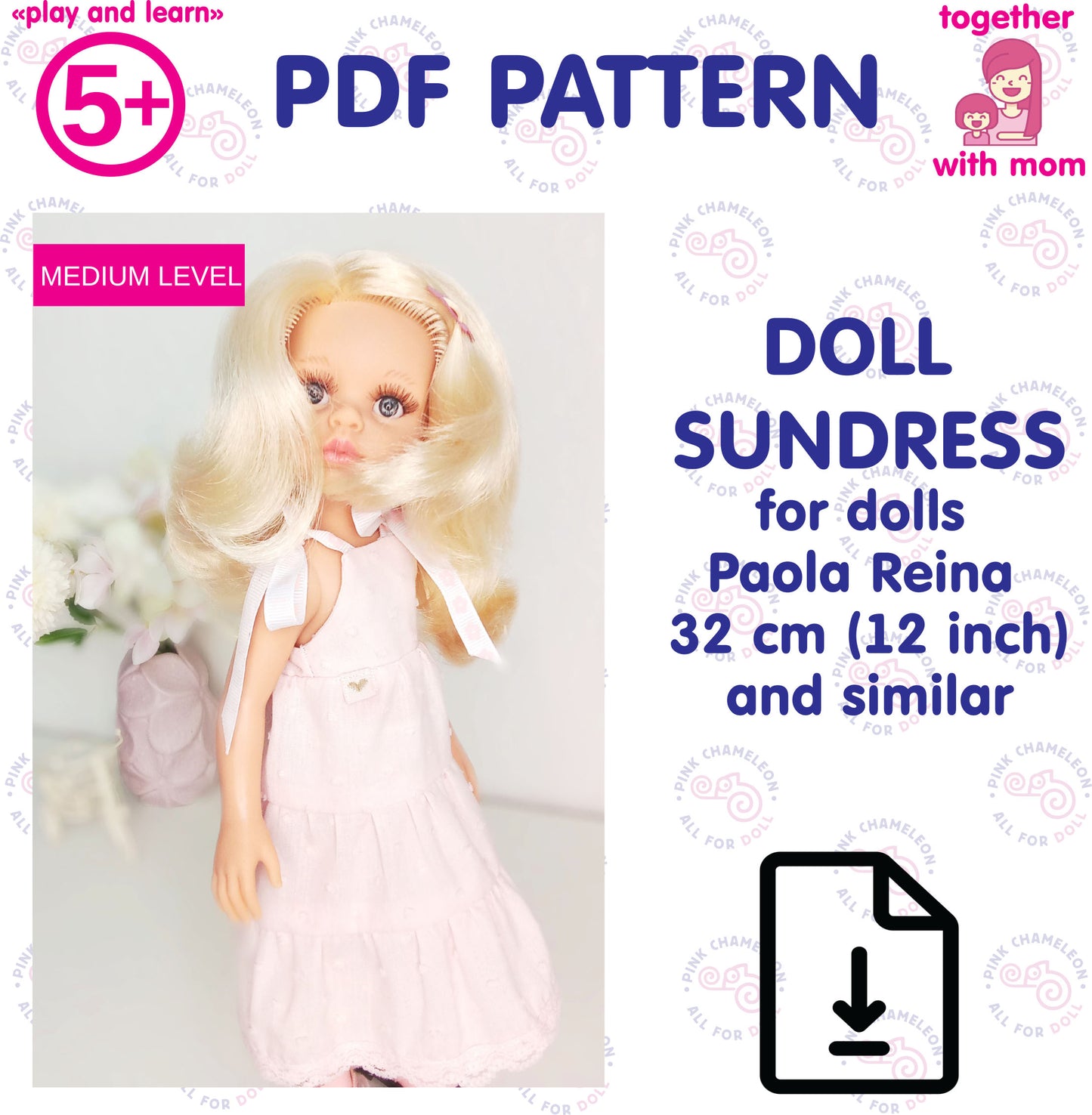 PDF sewing pattern for a summer sundress with ribbon straps, designed for Paola Reina 32 cm (12-inch) dolls, instant download.