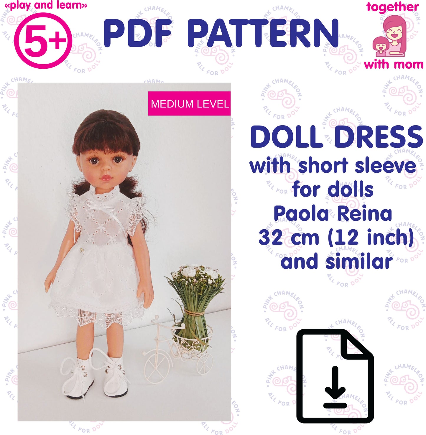 PDF sewing pattern for an elegant short-sleeve doll dress, designed for Paola Reina 32 cm (12-inch) dolls, instant download.