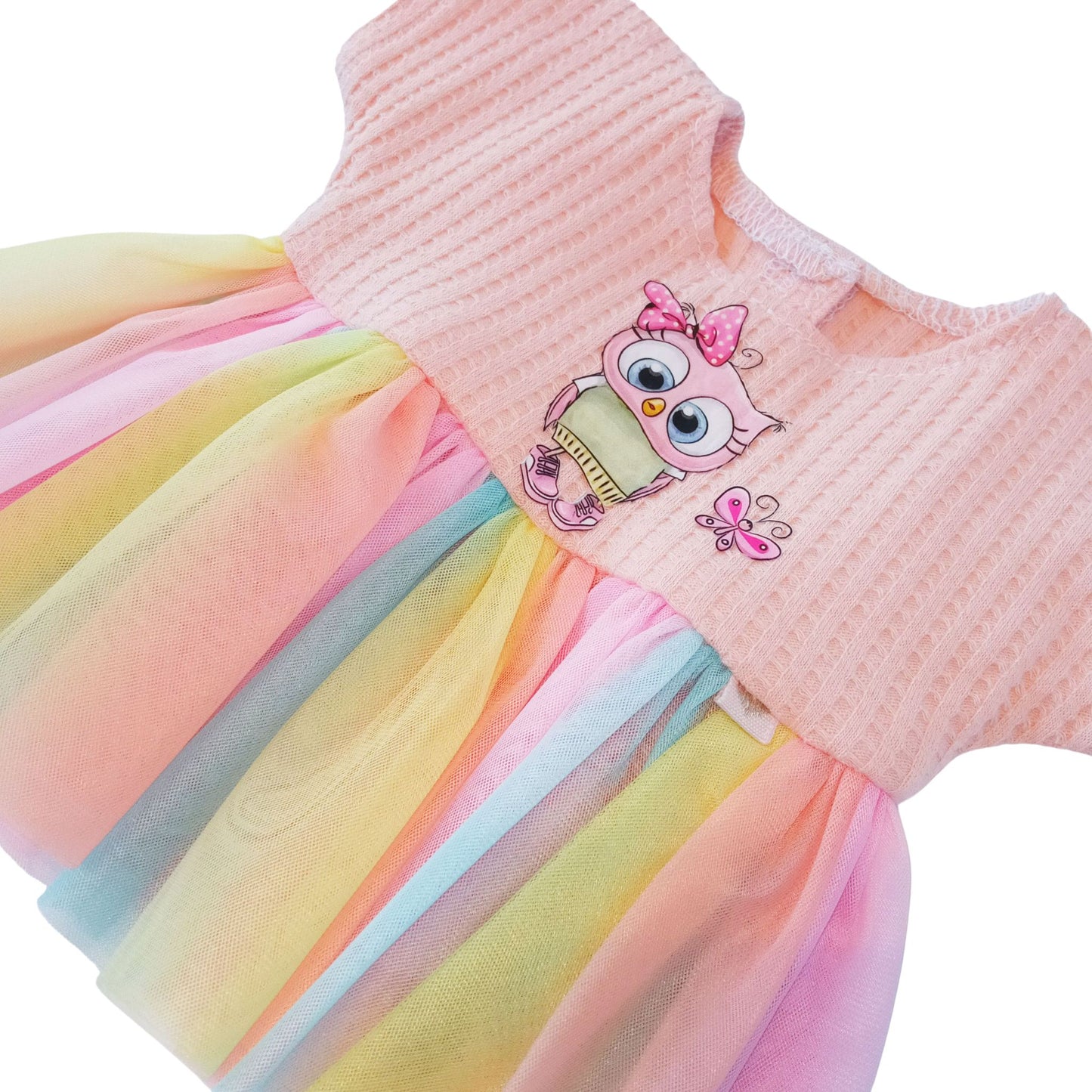 Smiling doll in peach jersey dress with rainbow tulle skirt and cute owl embroidery, perfect for 34 cm Paola Reina or Baby Born dolls.