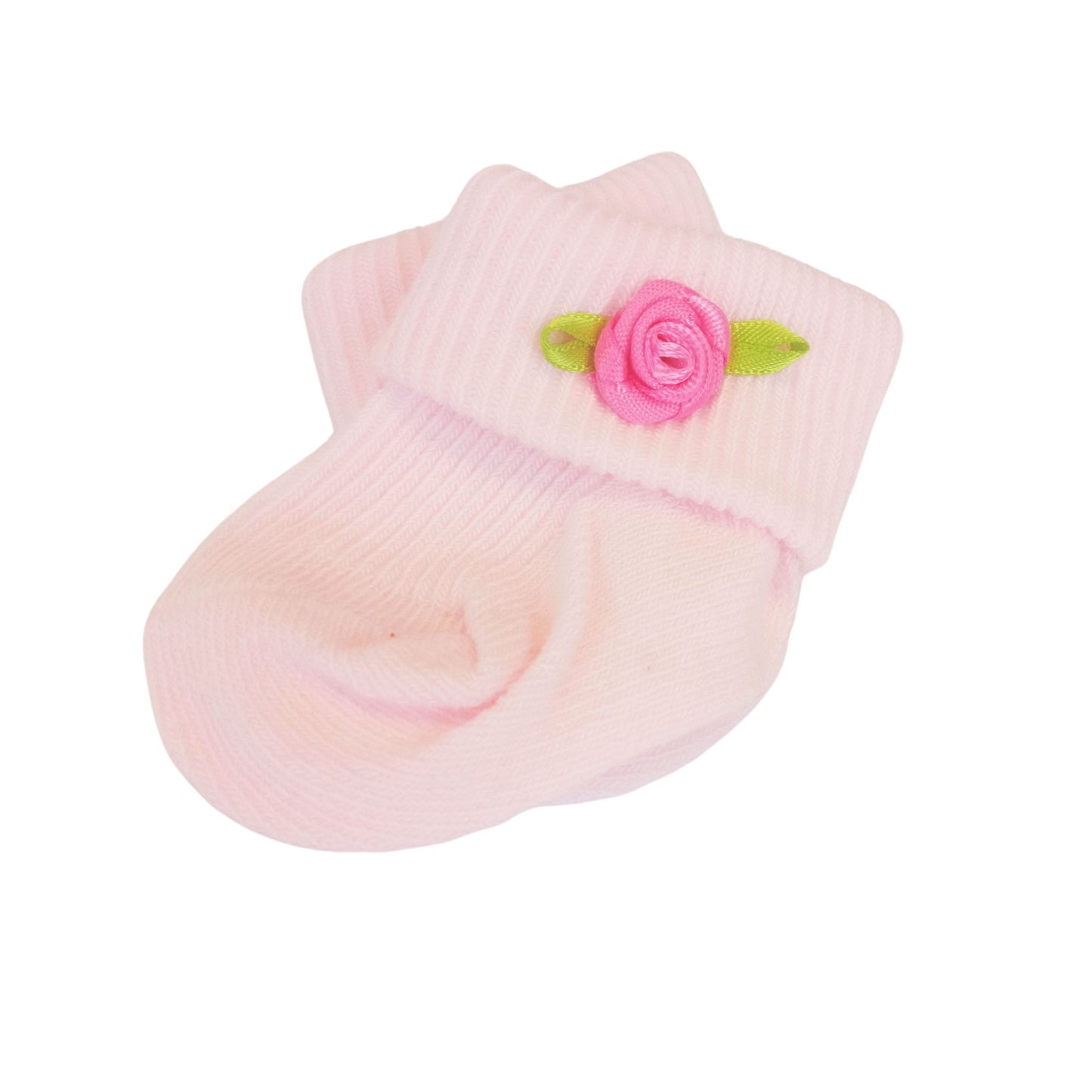 Soft pink doll socks with an embroidered rose, perfect for dolls 34-45 cm.