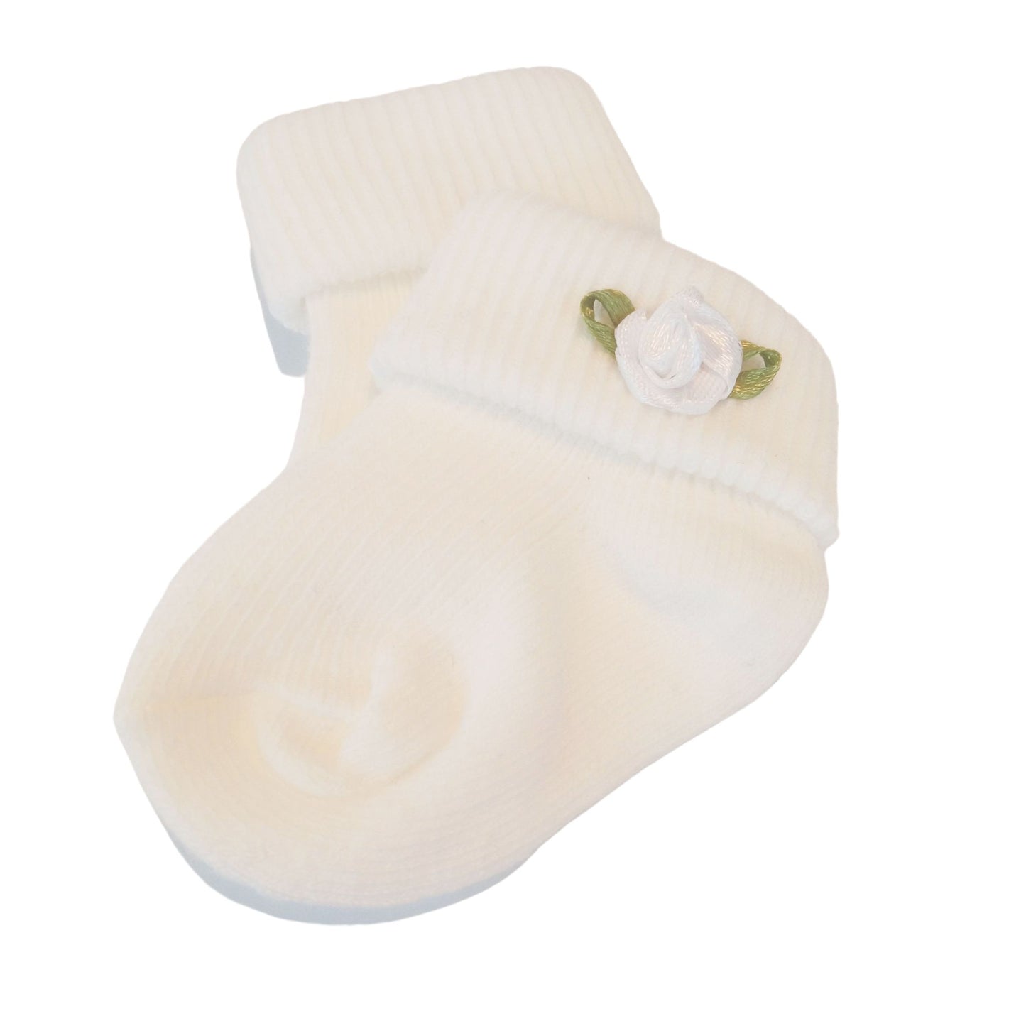 Soft white doll socks with an embroidered rose, designed for dolls 34-45 cm.