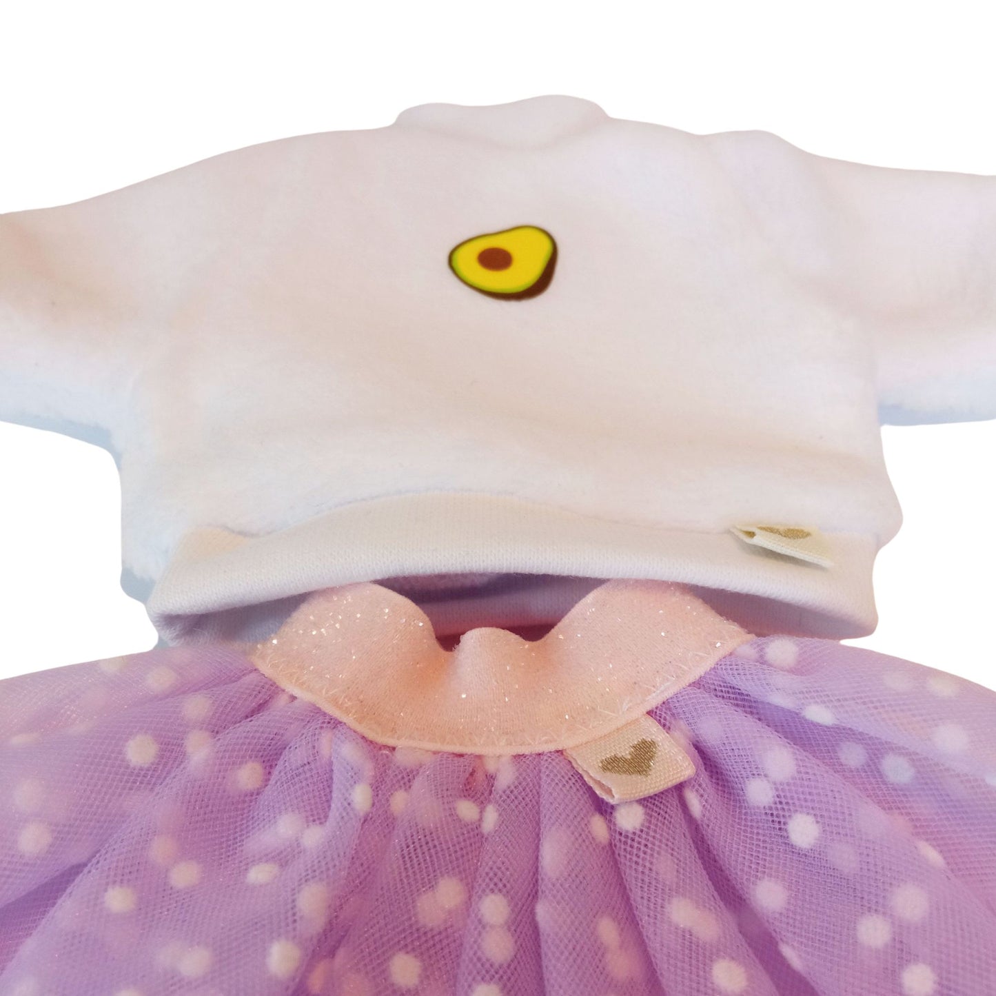 Stylish Paola Reina dolls dressed in white plush sweatshirts with cute embroidery and fluffy polka-dot mesh skirts.