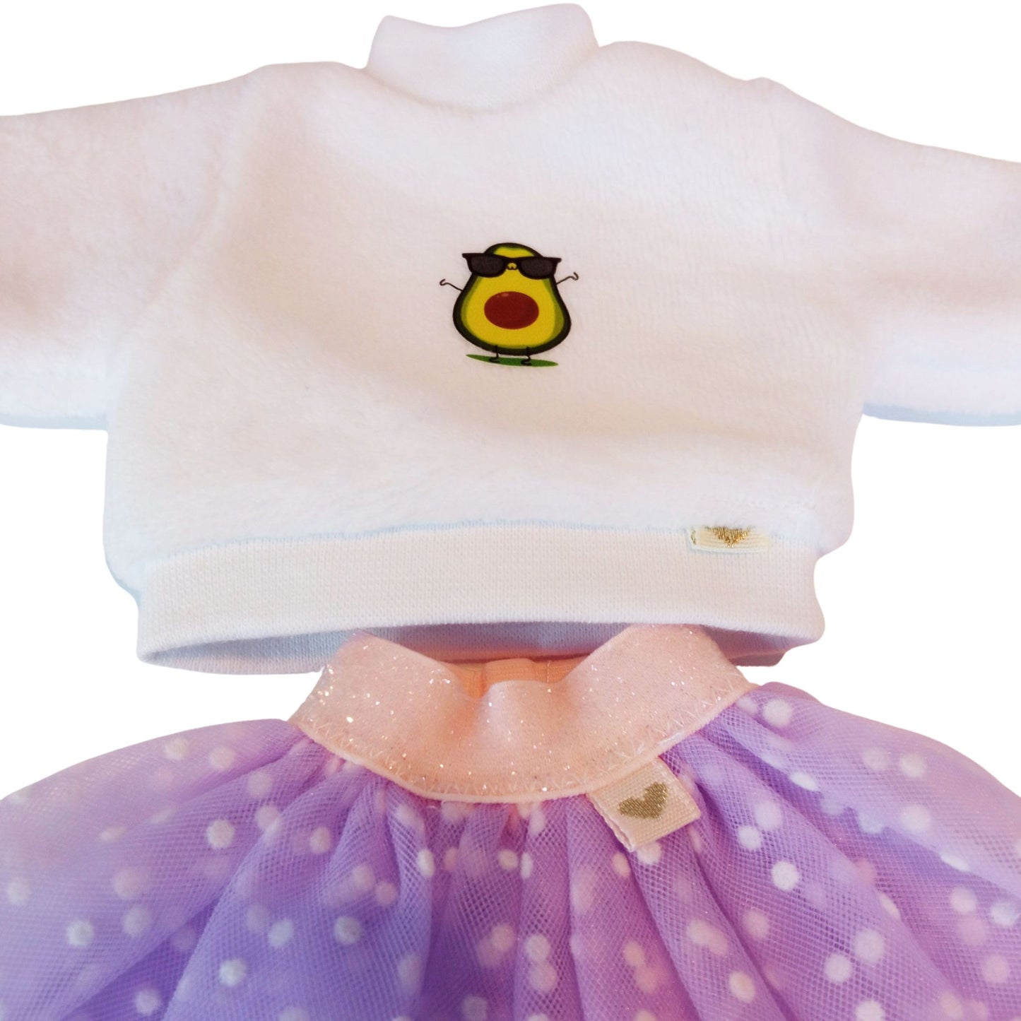Stylish Paola Reina dolls dressed in white plush sweatshirts with cute embroidery and fluffy polka-dot mesh skirts.
