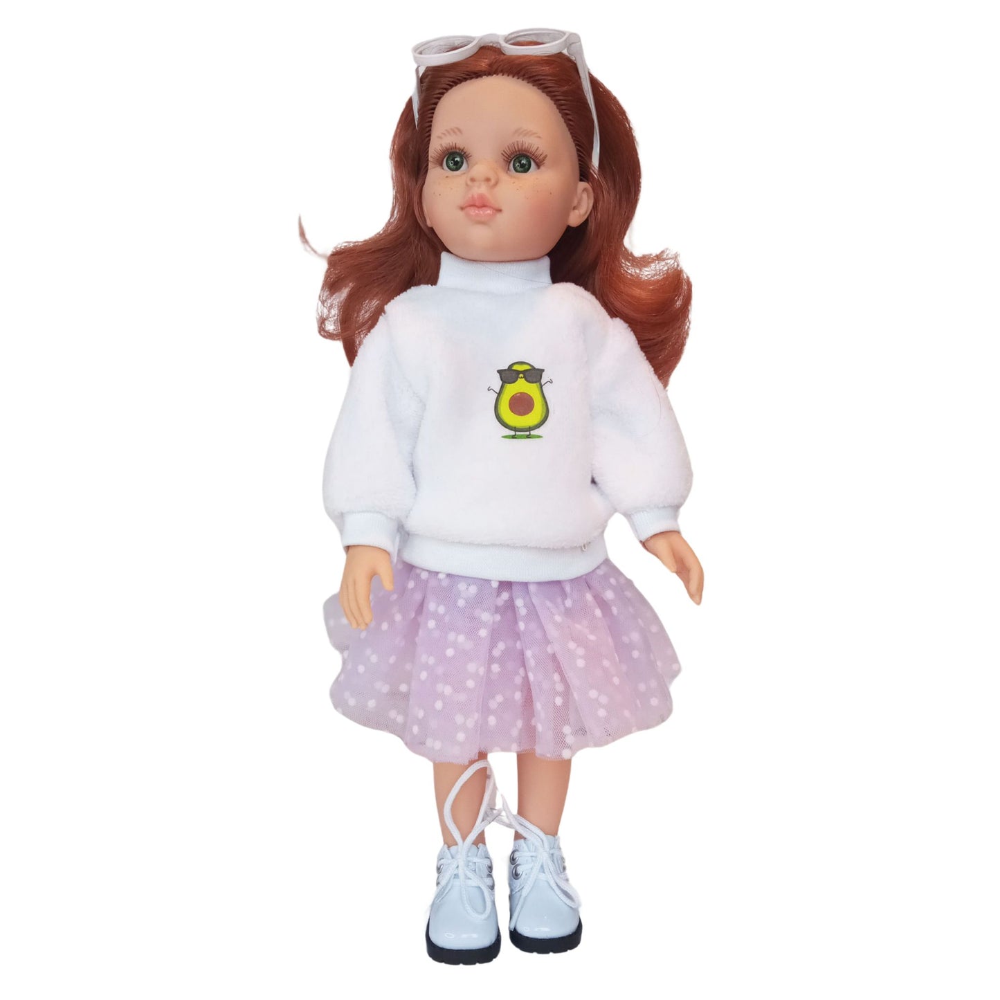Paola Reina 32 cm doll dressed in white plush sweatshirts with cute embroidery and fluffy polka-dot mesh pink skirts.