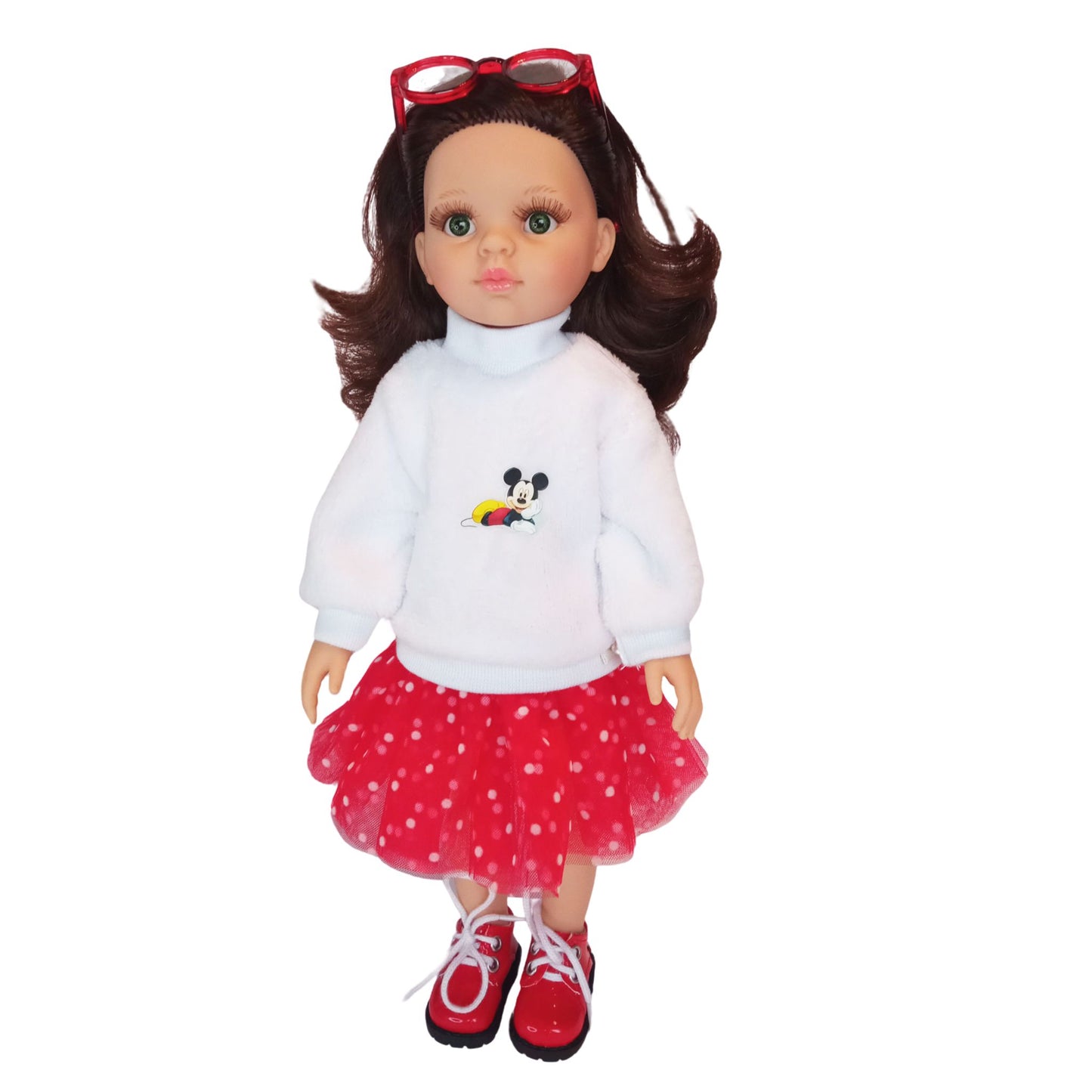 Paola Reina 12 in doll dressed in white plush sweatshirts with cute embroidery and fluffy polka-dot mesh red skirts.