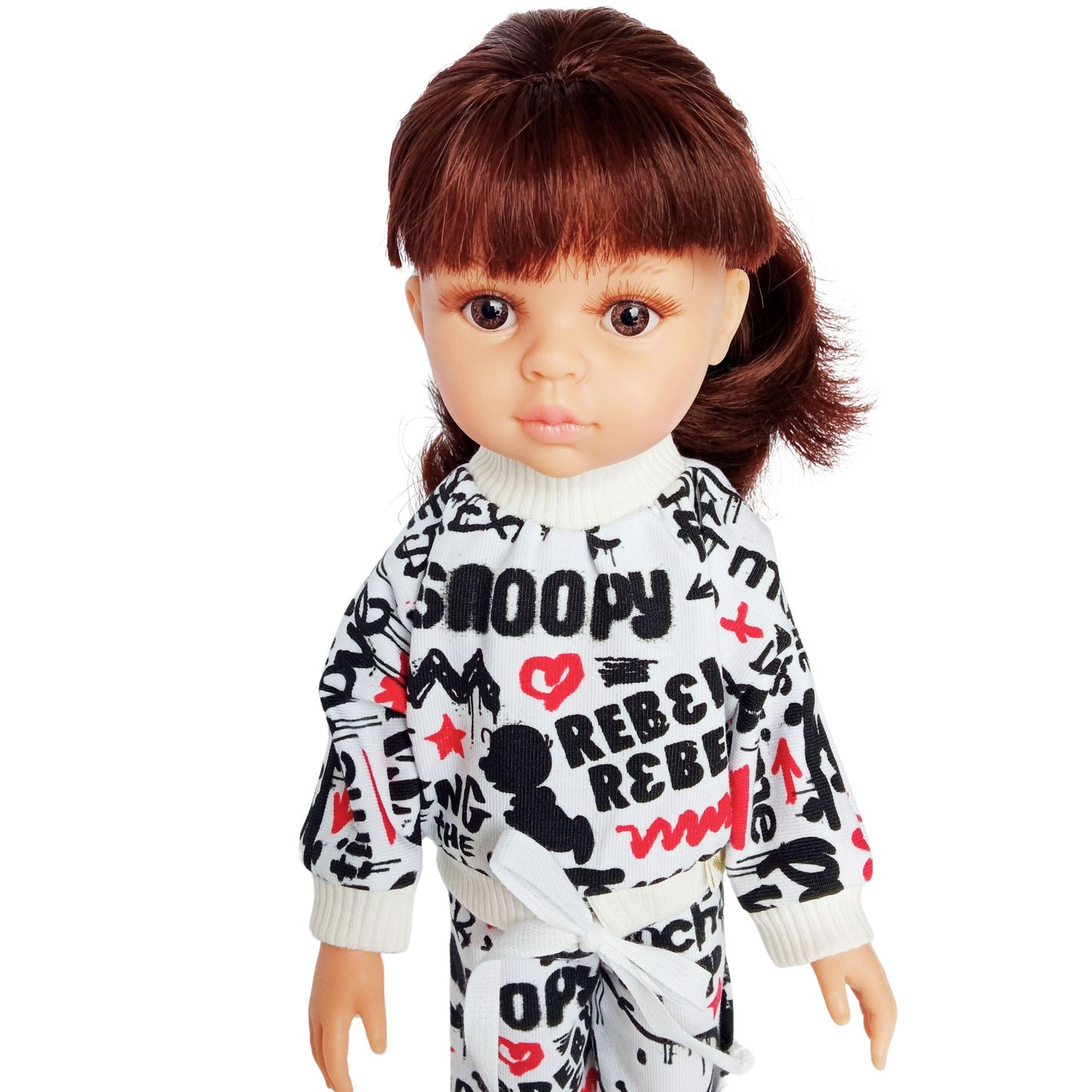 Paola Reina 32 cm doll wearing a black, red, and white graffiti-print tracksuit with matching joggers and white sneakers, styled in a modern streetwear look.