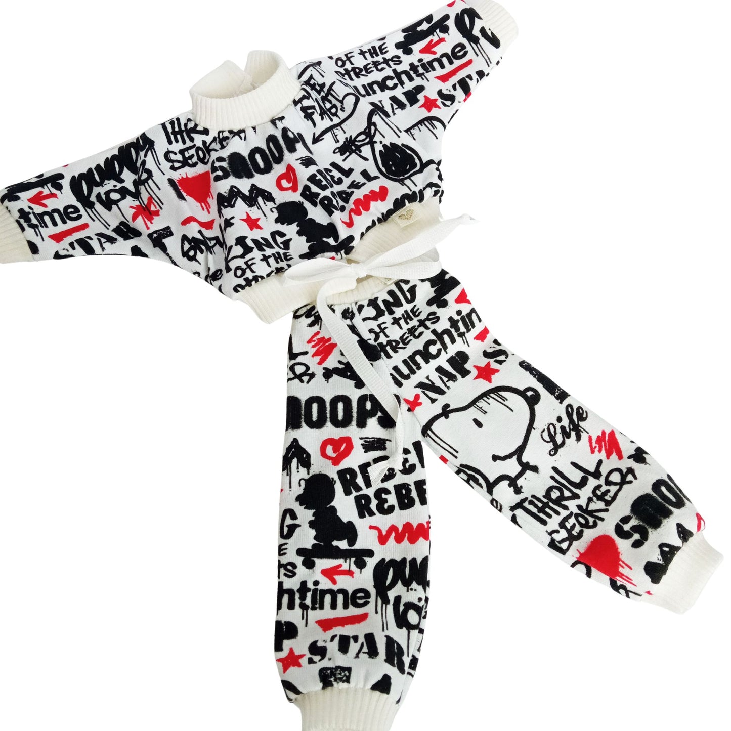 For Paola Reina 32 cm doll a black, red, and white graffiti-print tracksuit styled in a modern streetwear look.