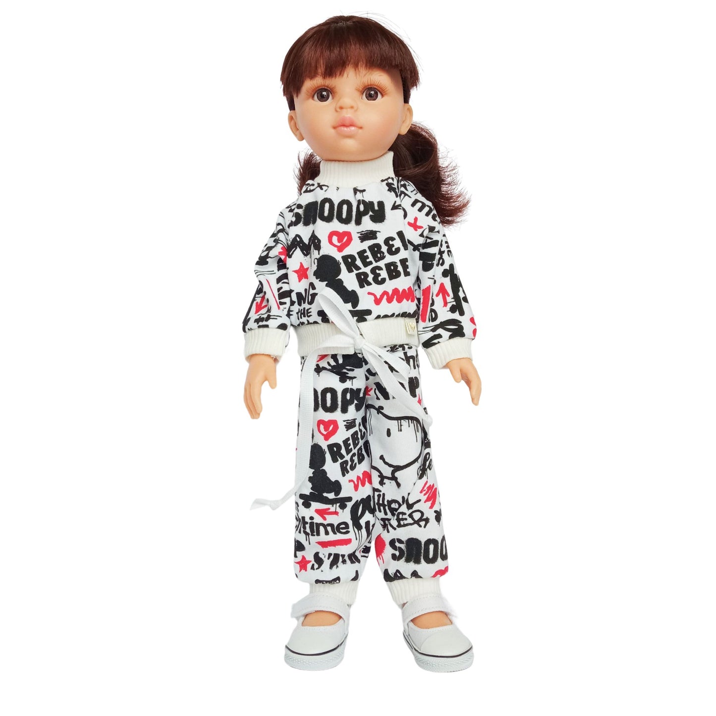 Paola Reina 32 cm doll wearing a black, red, and white graffiti-print tracksuit with matching joggers and white sneakers, styled in a modern streetwear look.