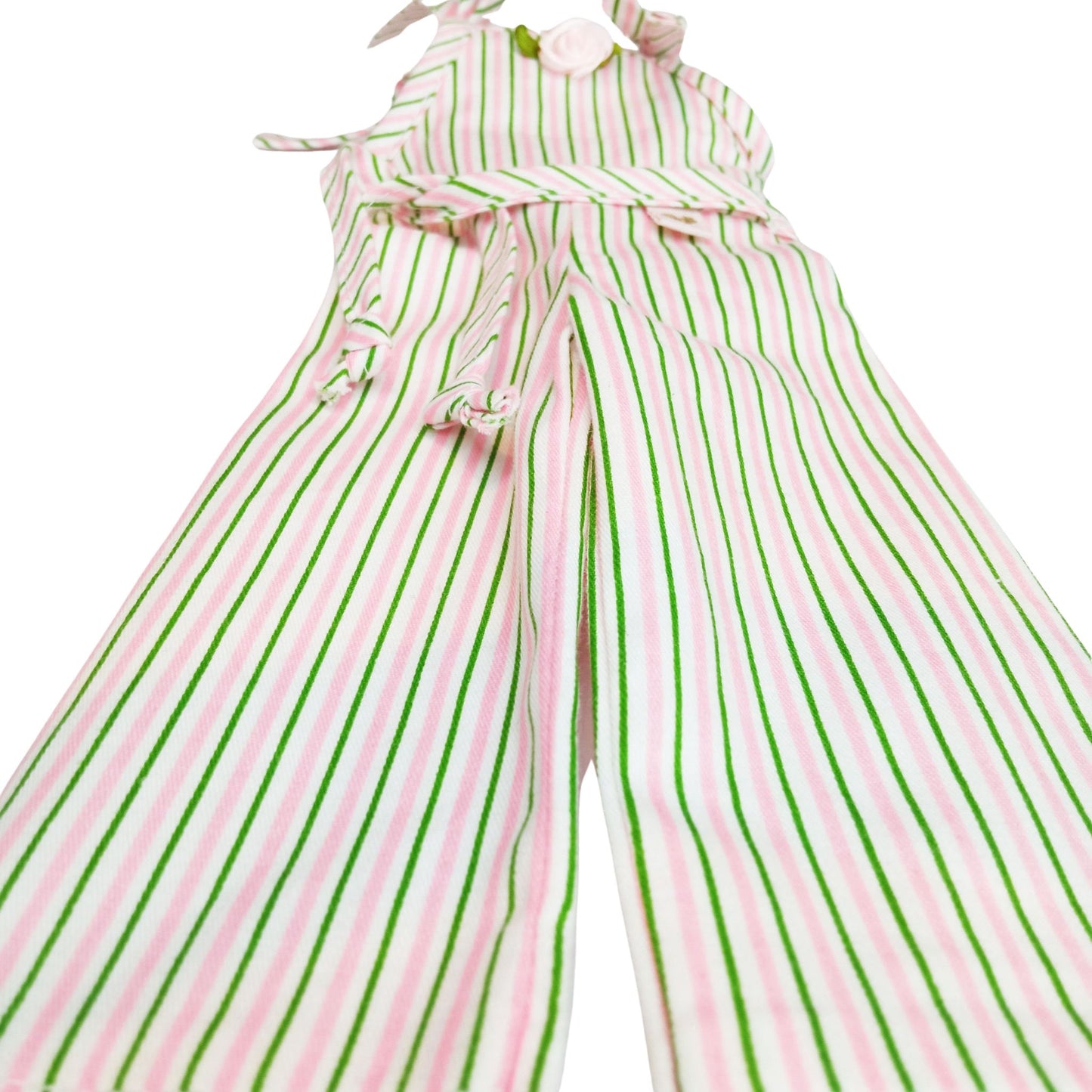 Summer flared jumpsuit for Paola Reina doll 32 cm with pink and green stripes, ruffles and decorative rose.